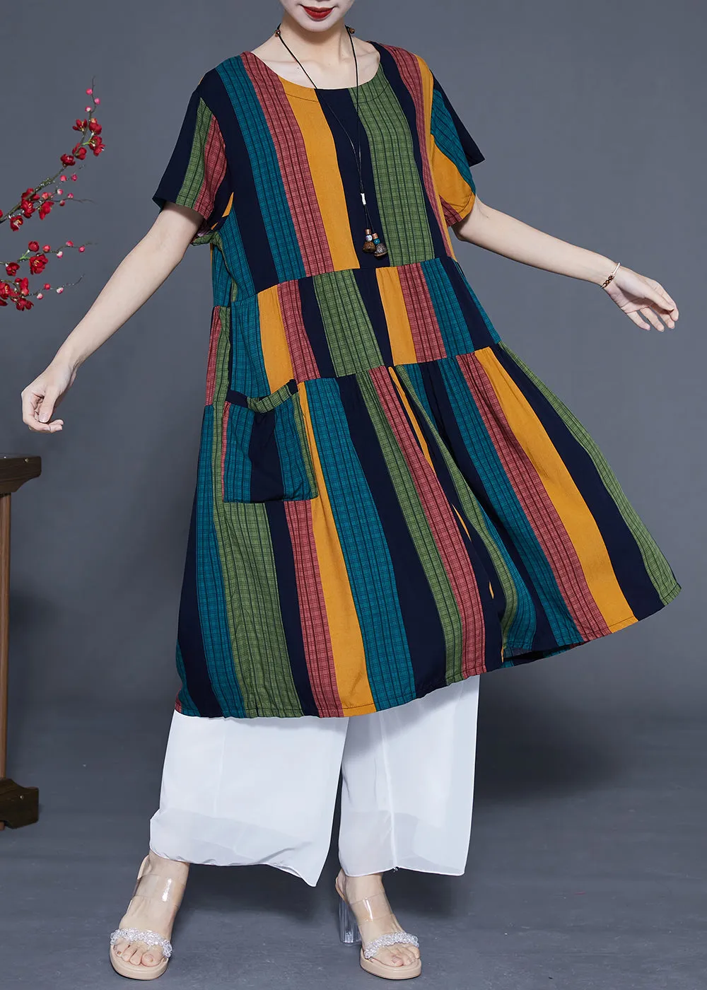 Art Colorblock Oversized Patchwork Striped Cotton Maxi Dresses Summer LC0376