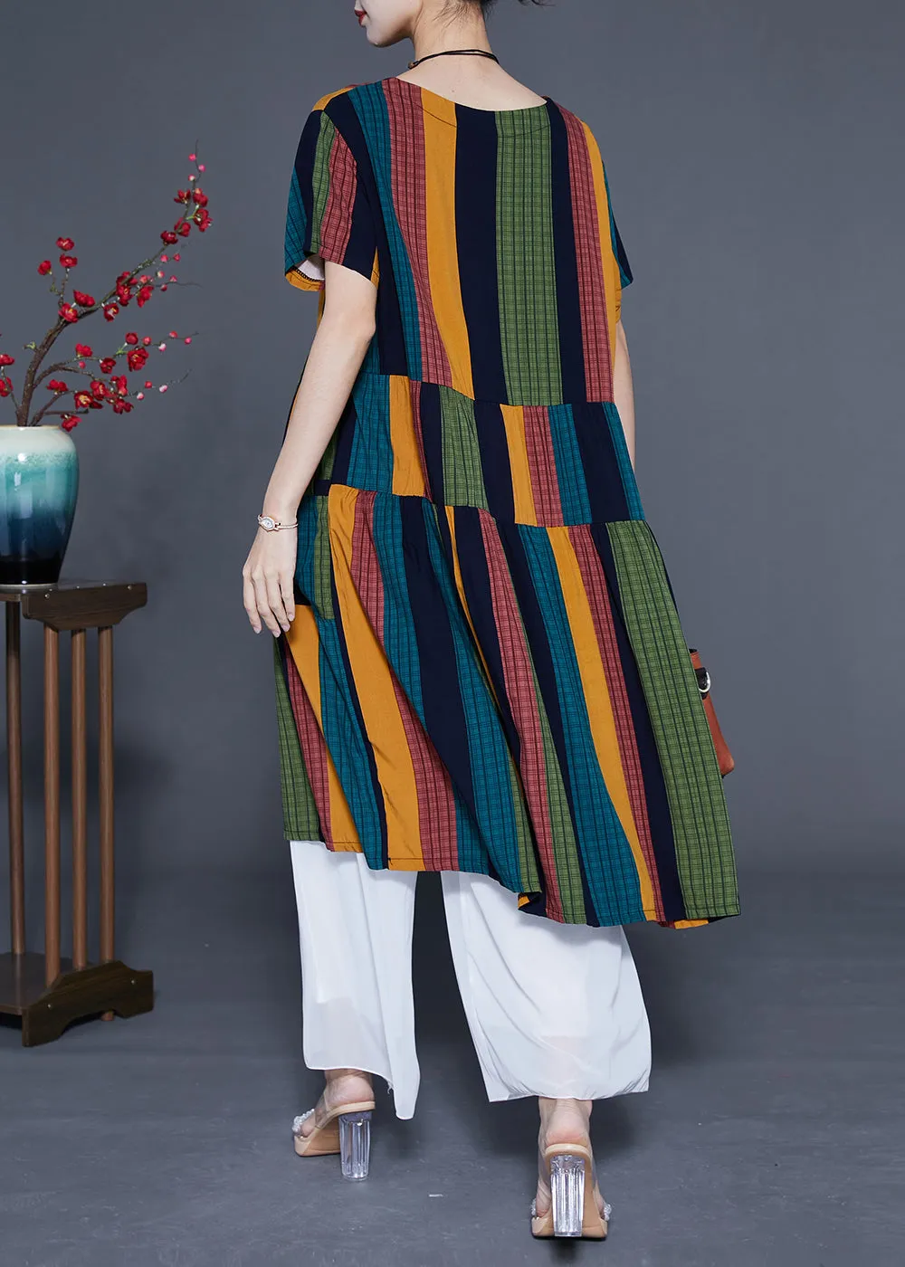 Art Colorblock Oversized Patchwork Striped Cotton Maxi Dresses Summer LC0376