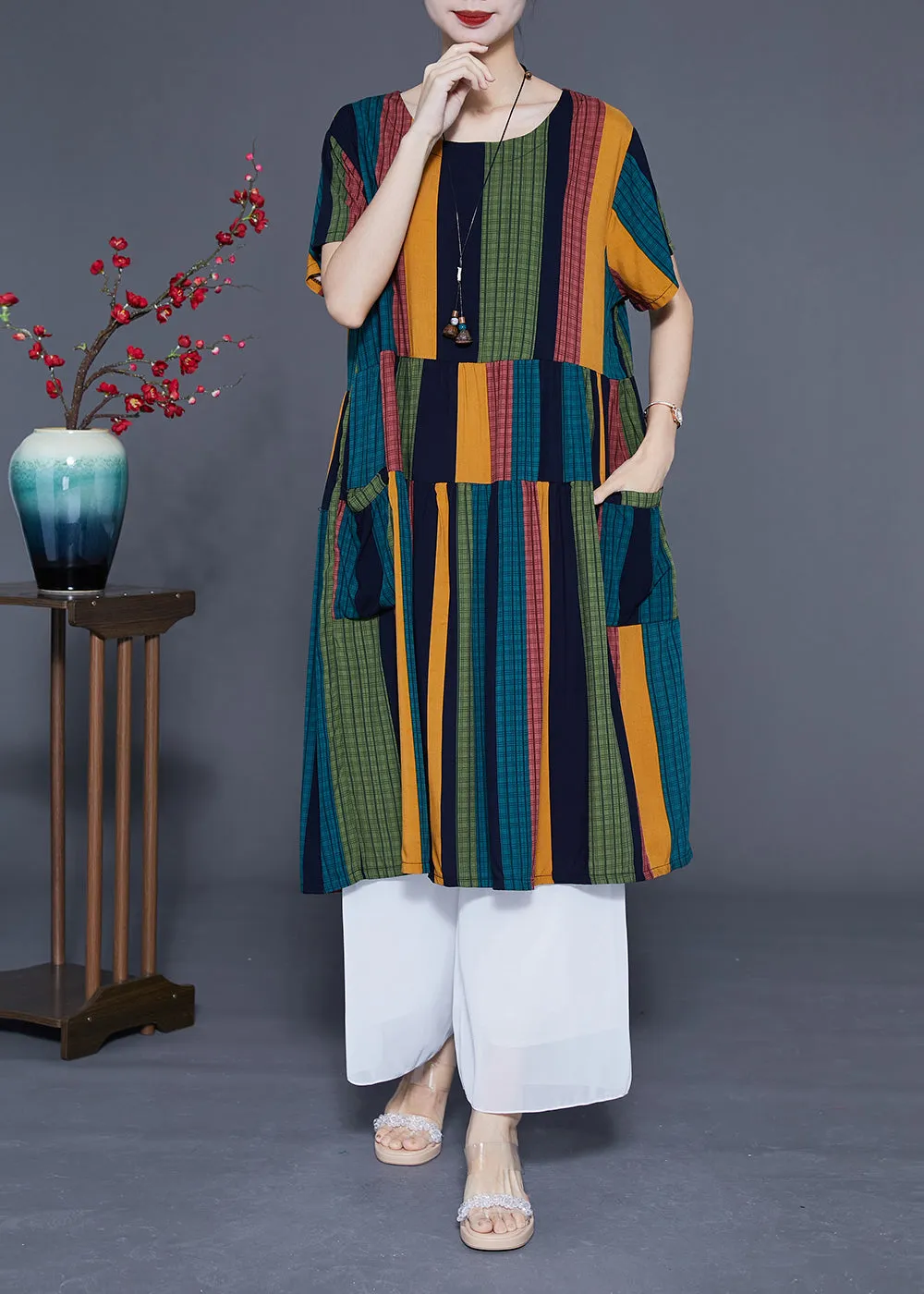 Art Colorblock Oversized Patchwork Striped Cotton Maxi Dresses Summer LC0376
