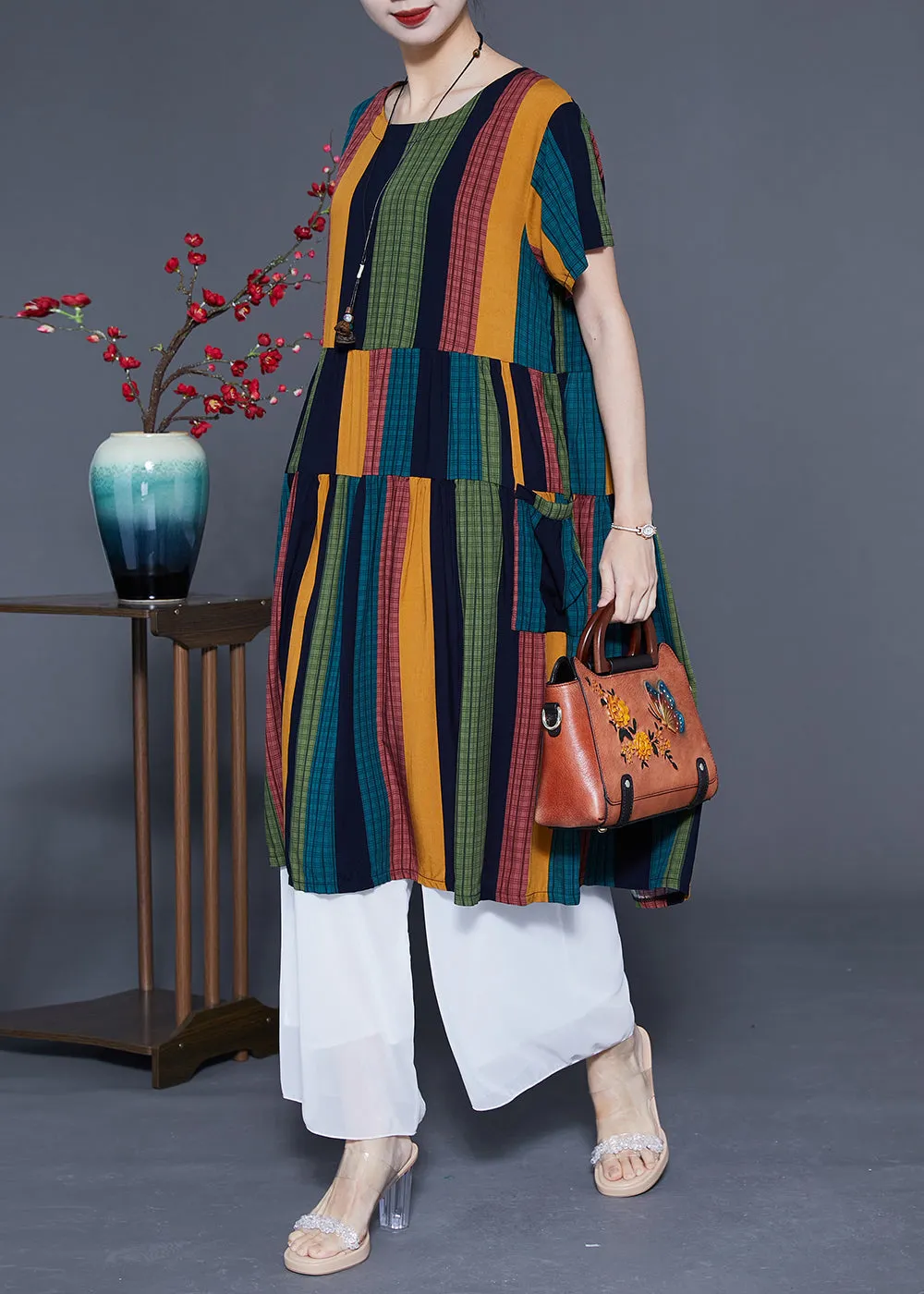 Art Colorblock Oversized Patchwork Striped Cotton Maxi Dresses Summer LC0376