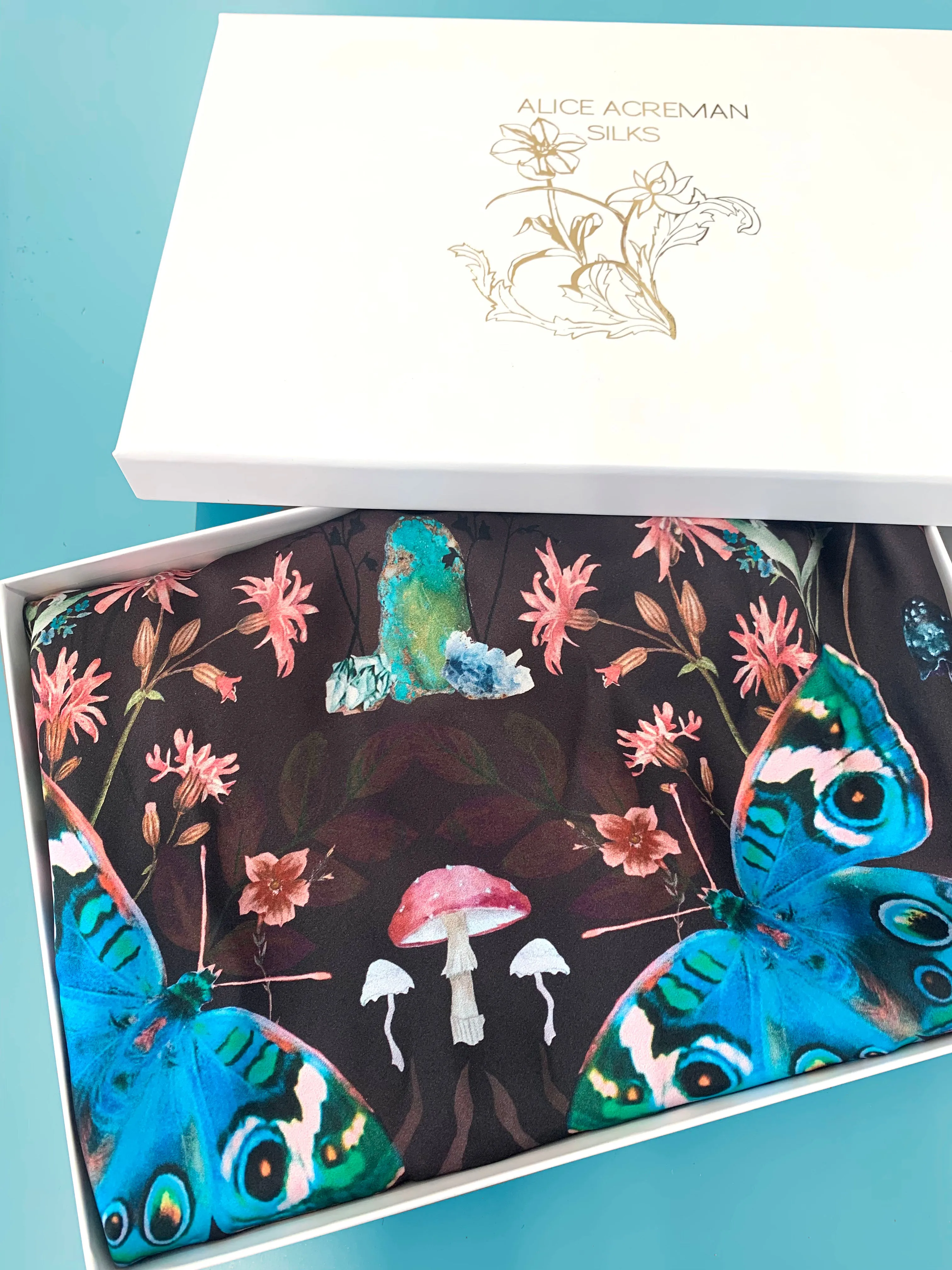 Butterfly 'Nectar' print silk slip dress with crystals and mushrooms Small