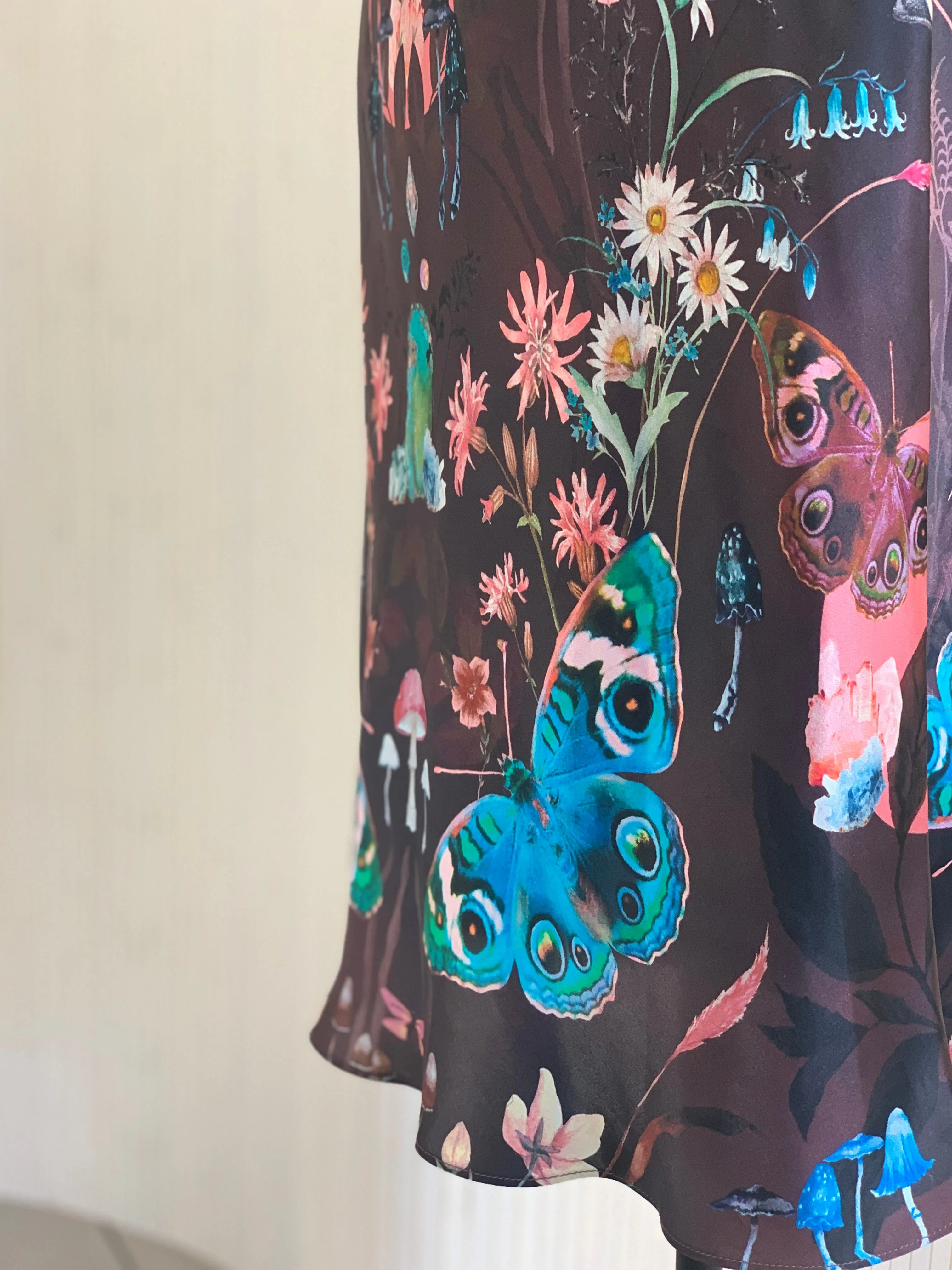 Butterfly 'Nectar' print silk slip dress with crystals and mushrooms Small