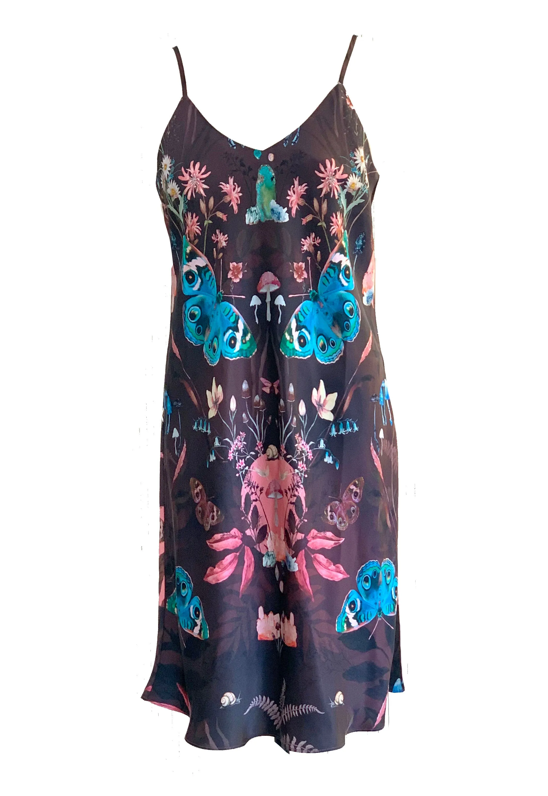Butterfly 'Nectar' print silk slip dress with crystals and mushrooms Small