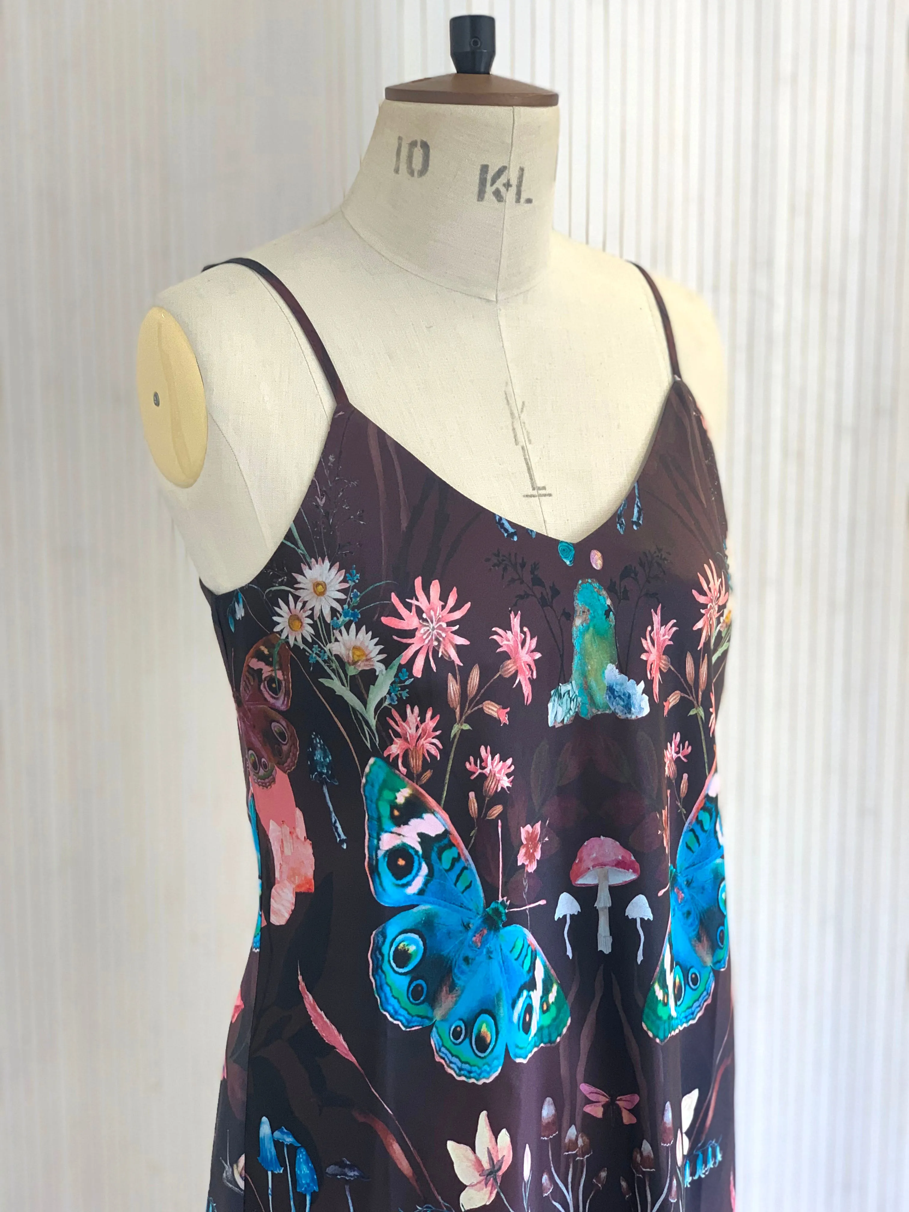 Butterfly 'Nectar' print silk slip dress with crystals and mushrooms Small