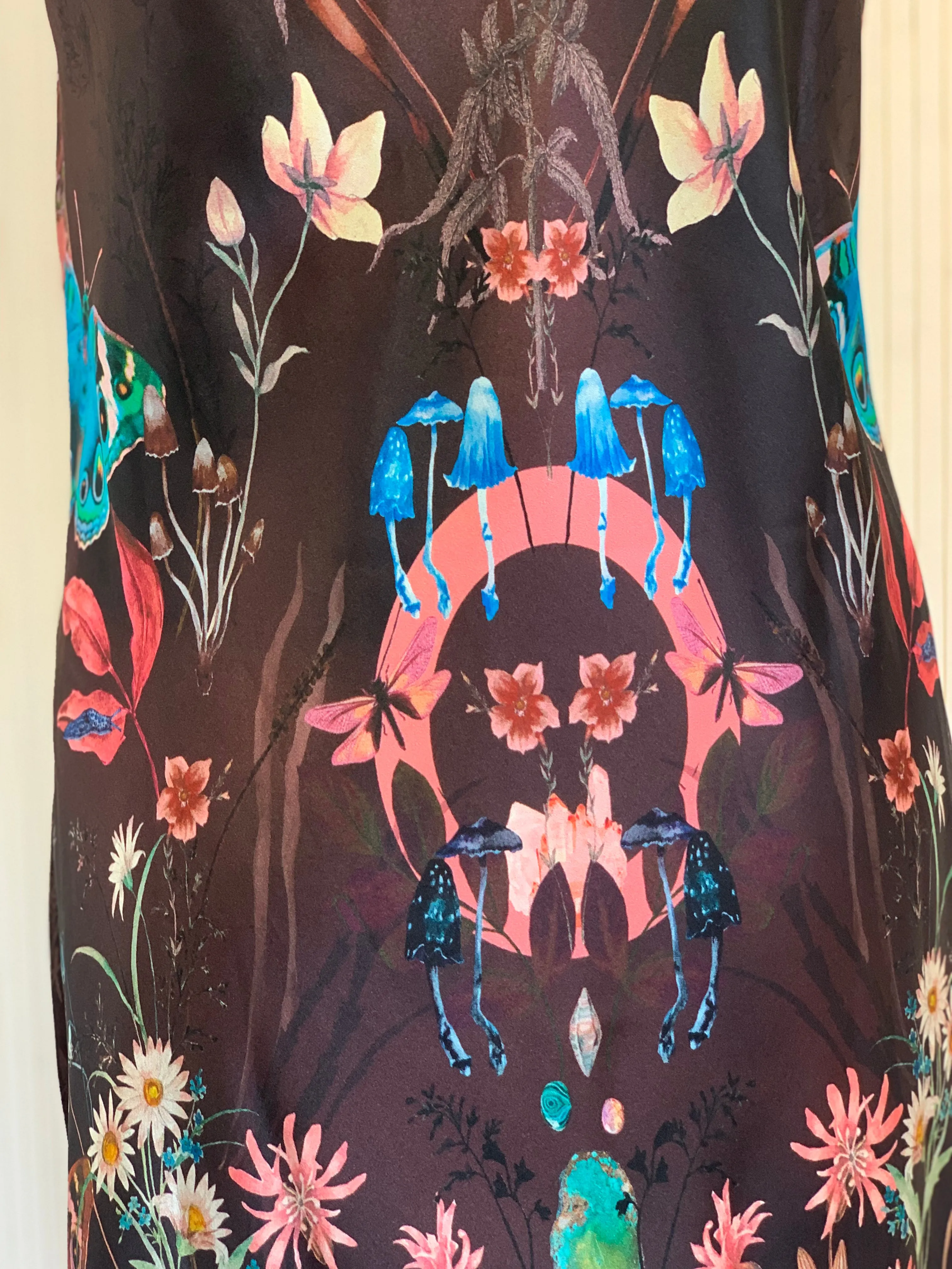 Butterfly 'Nectar' print silk slip dress with crystals and mushrooms Small