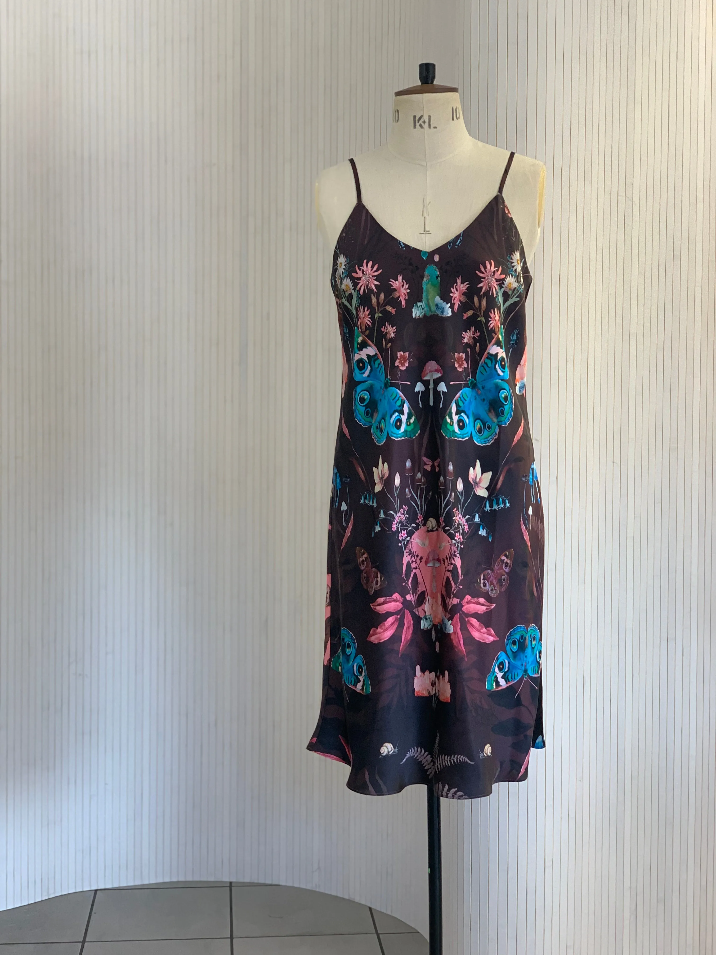 Butterfly 'Nectar' print silk slip dress with crystals and mushrooms Small