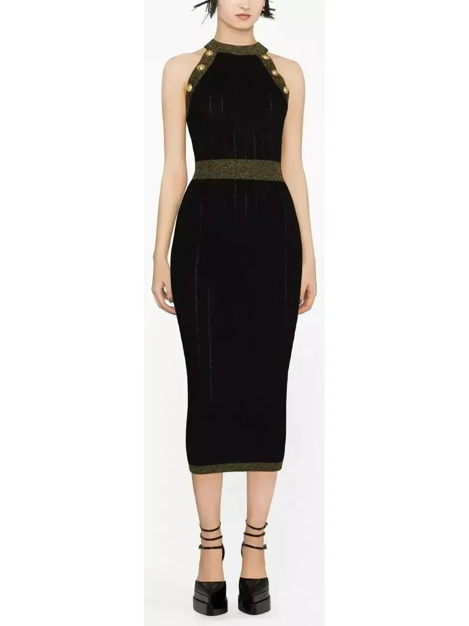 Button-Detailed Halter-Neck Knitted Midi Dress, Black