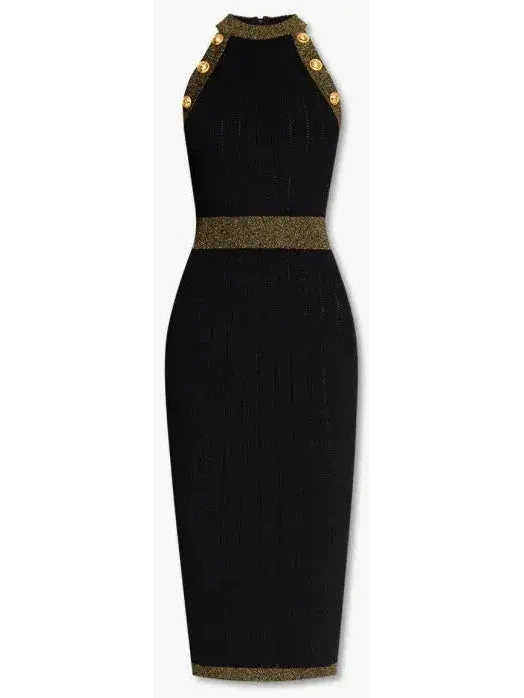Button-Detailed Halter-Neck Knitted Midi Dress, Black