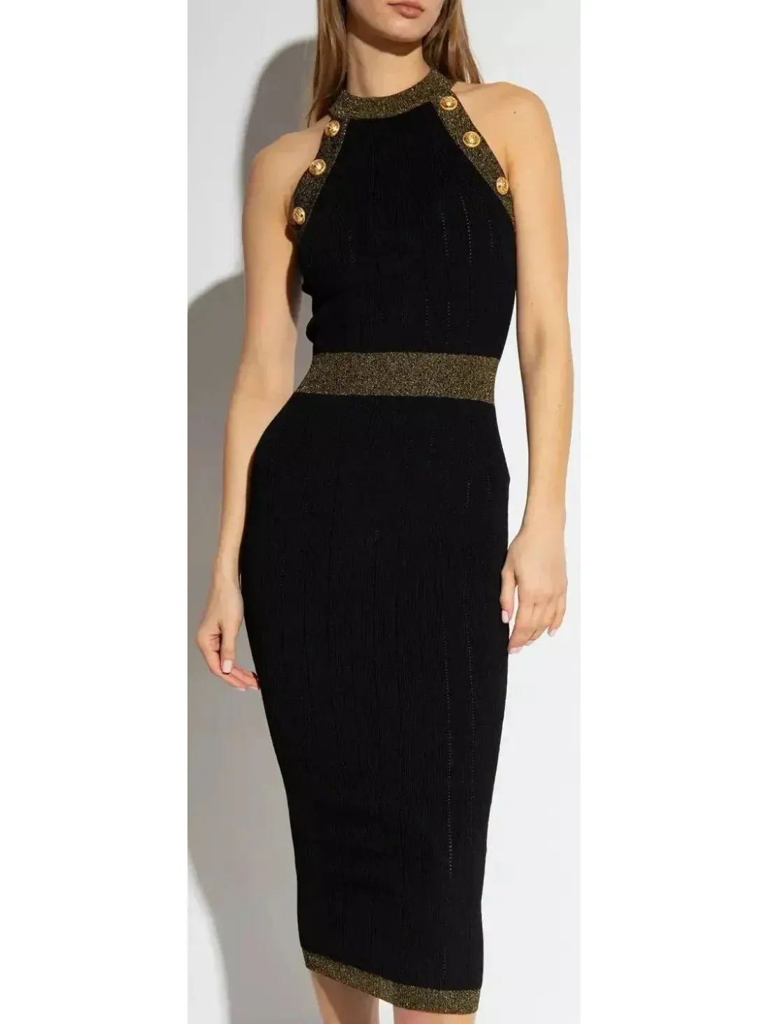 Button-Detailed Halter-Neck Knitted Midi Dress, Black