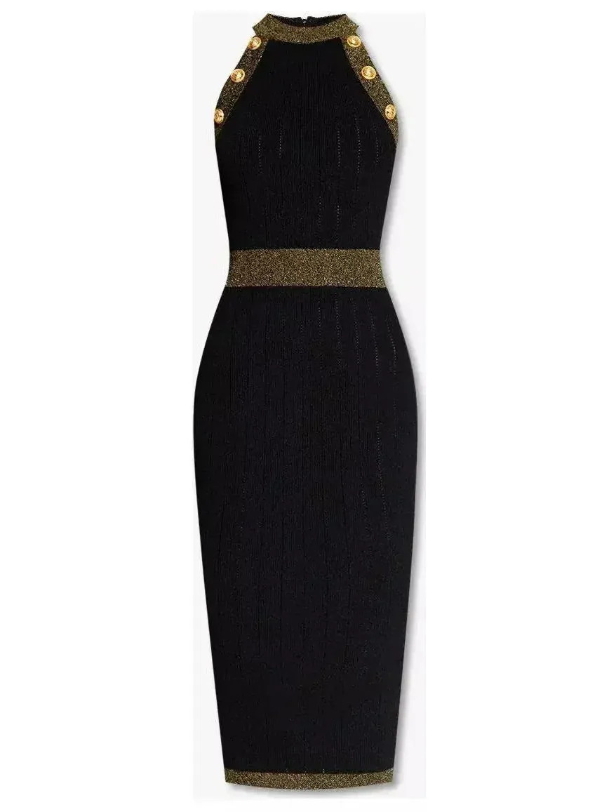 Button-Detailed Halter-Neck Knitted Midi Dress, Black