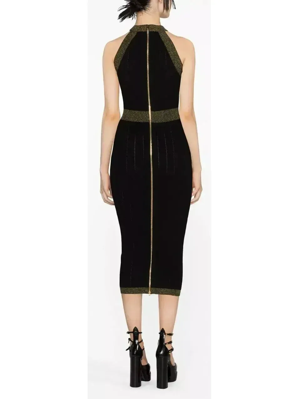 Button-Detailed Halter-Neck Knitted Midi Dress, Black