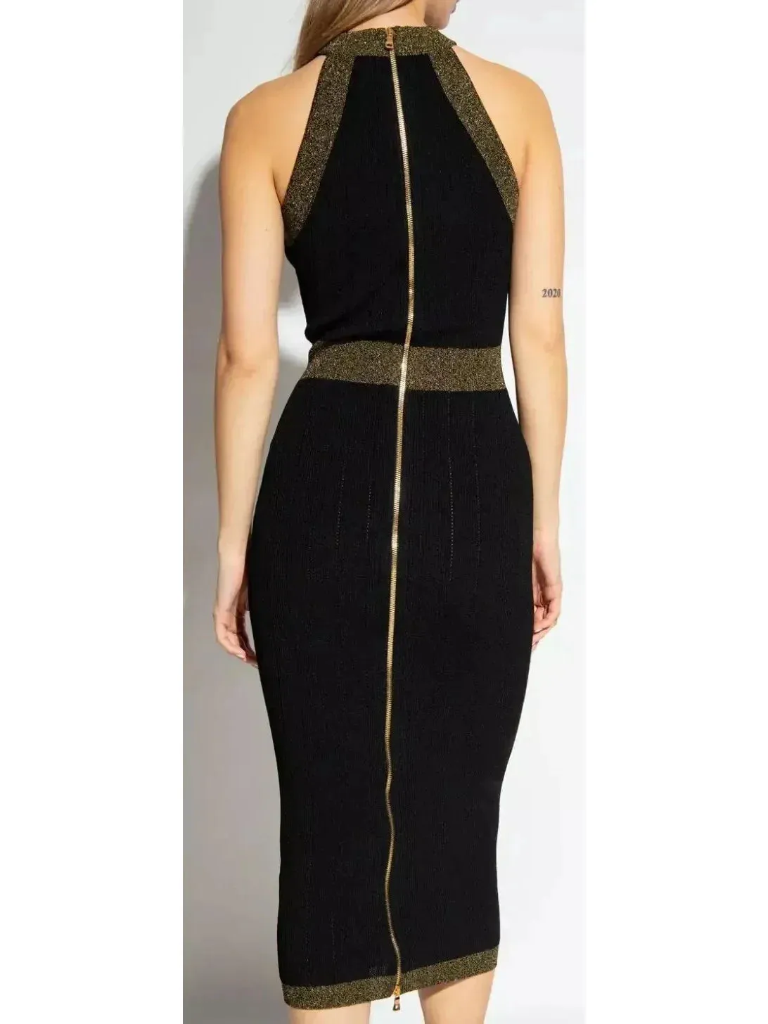 Button-Detailed Halter-Neck Knitted Midi Dress, Black
