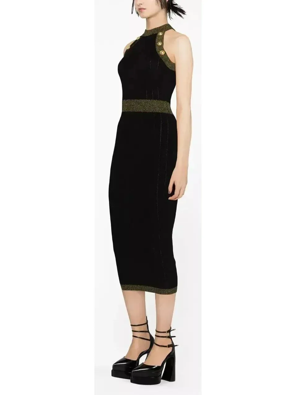 Button-Detailed Halter-Neck Knitted Midi Dress, Black