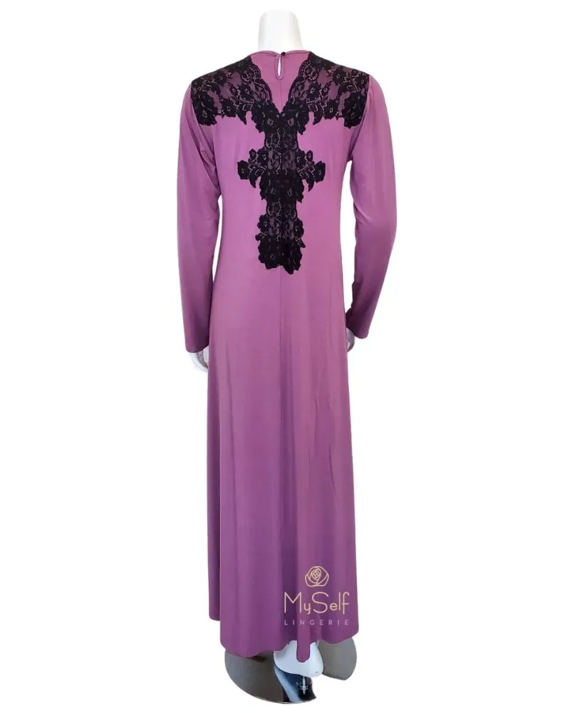 Clara Rossi Mauve Pull On Black Lace Trim Modal Nightgown