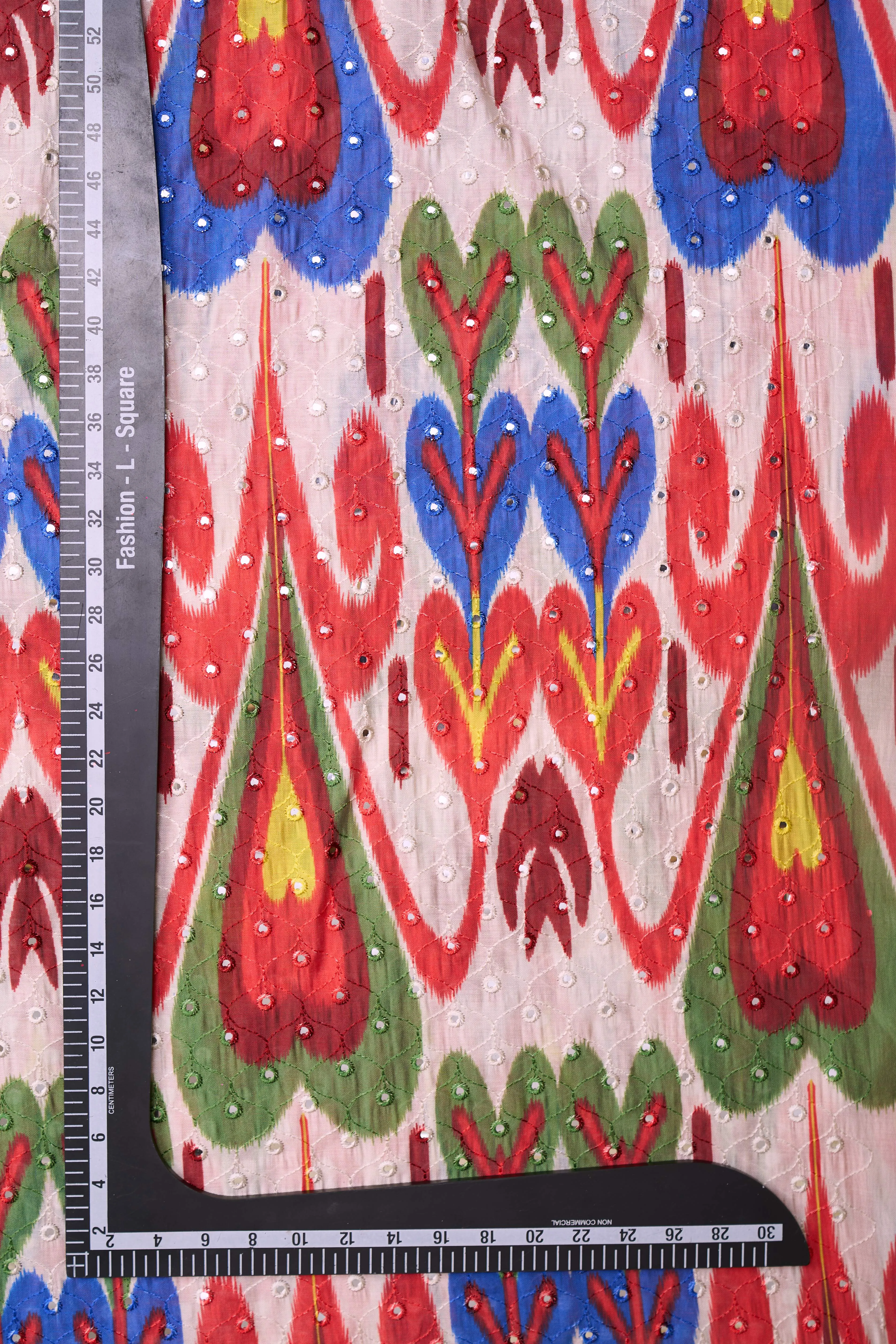 Contemporary Ikat Style Red Blue Summer Pattern With Mirror Work Detailing Chanderi Fabric