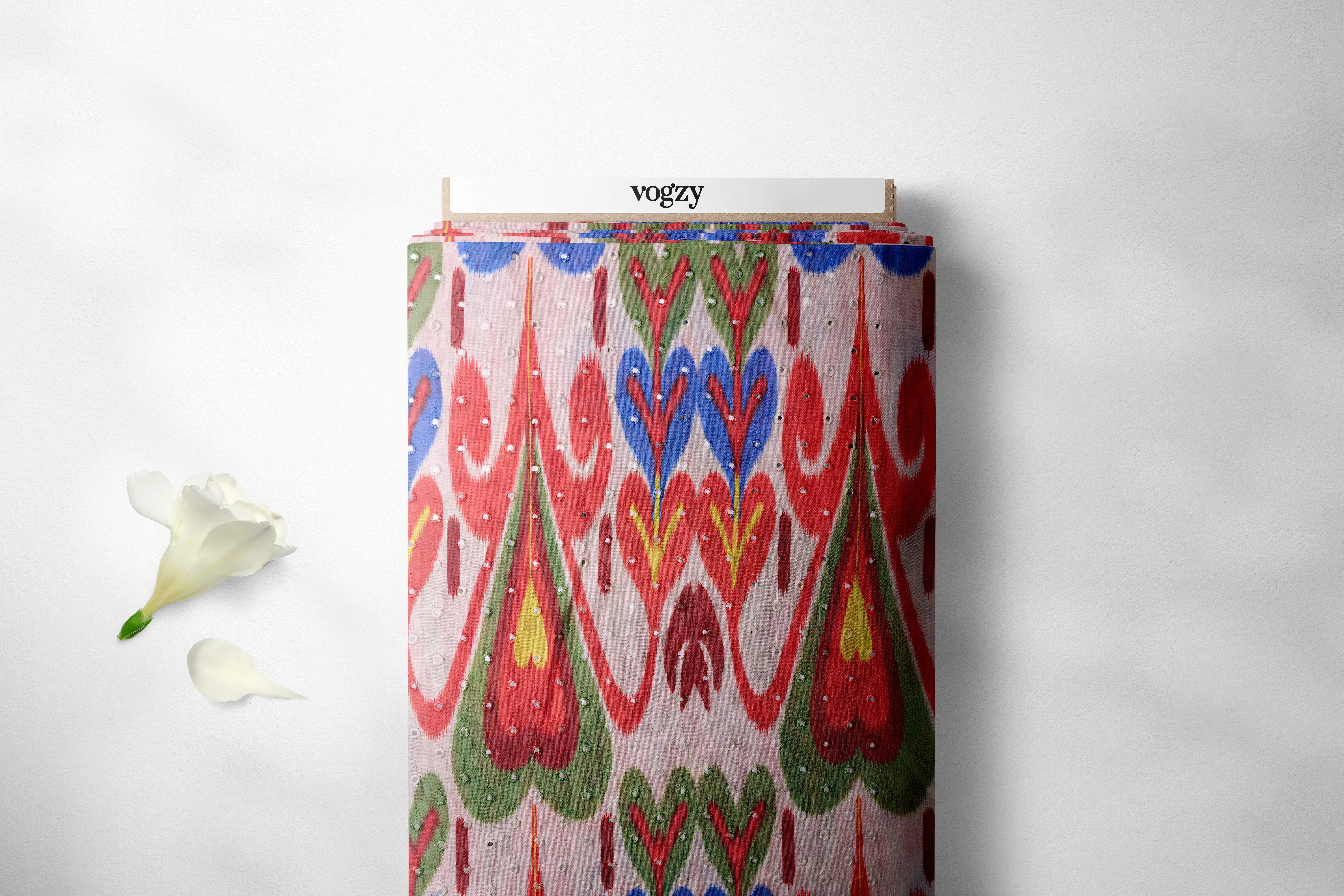 Contemporary Ikat Style Red Blue Summer Pattern With Mirror Work Detailing Chanderi Fabric