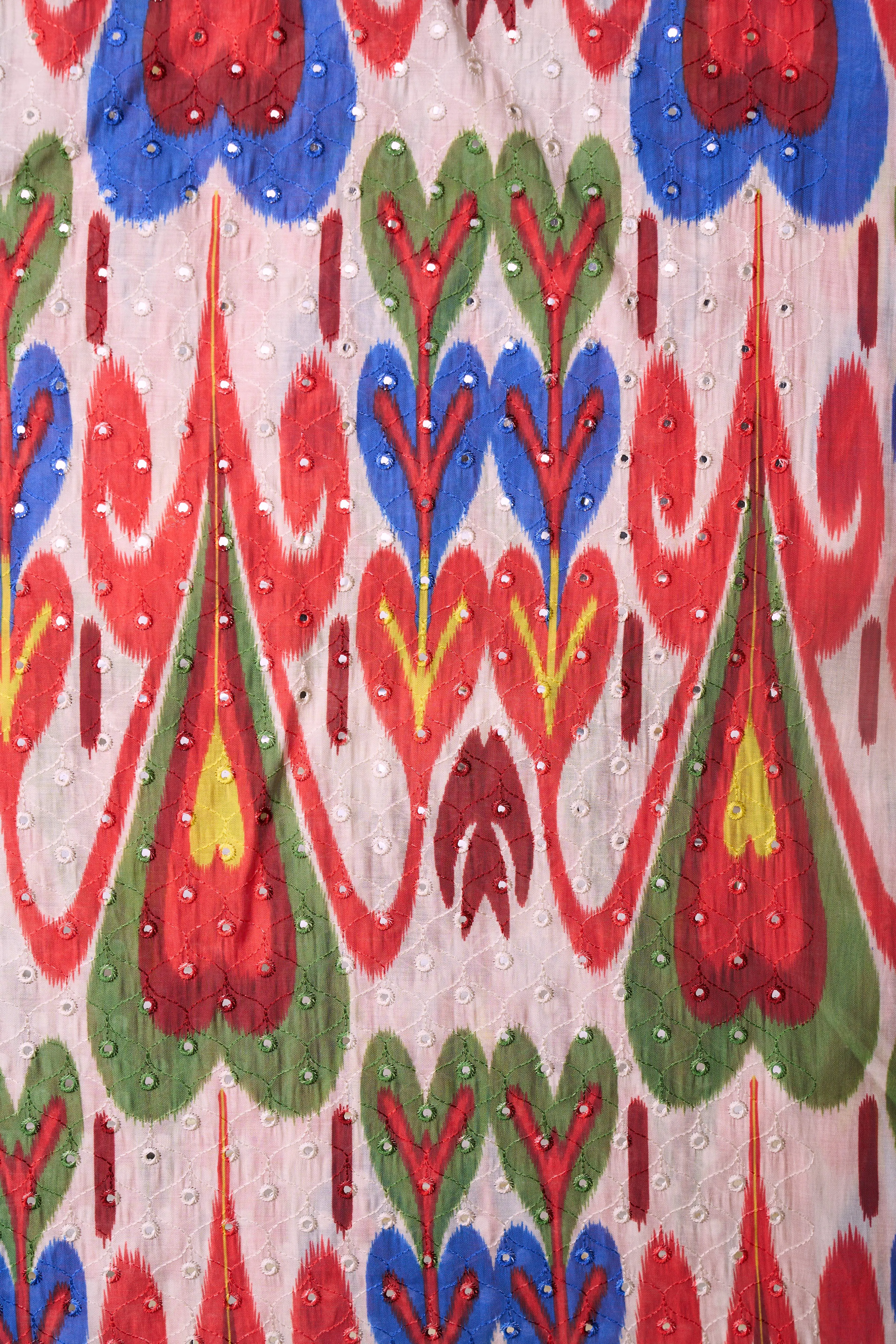 Contemporary Ikat Style Red Blue Summer Pattern With Mirror Work Detailing Chanderi Fabric