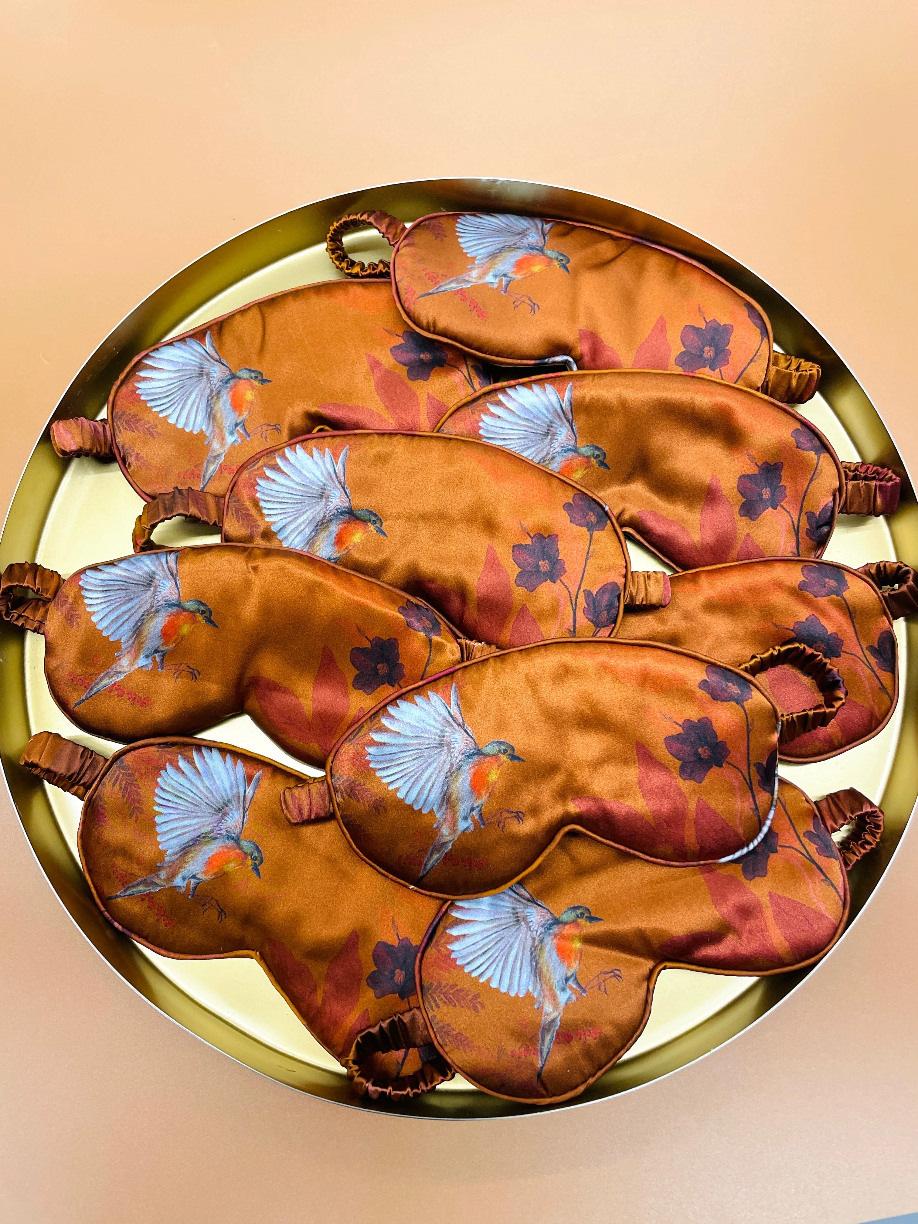 Copper silk eye masks for sleep or meditation in beautiful 'Ember' print hand painted design