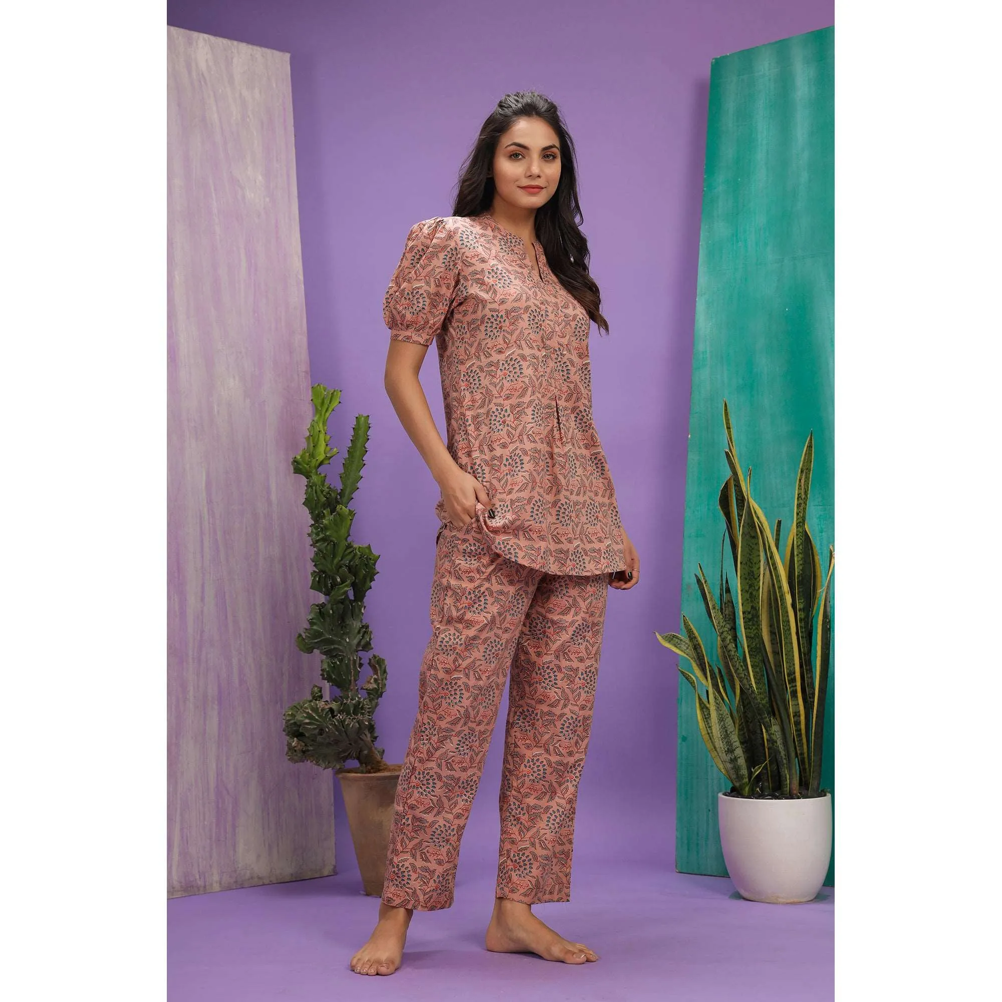 Delicate Jaal On Peach Loungewear Top Set