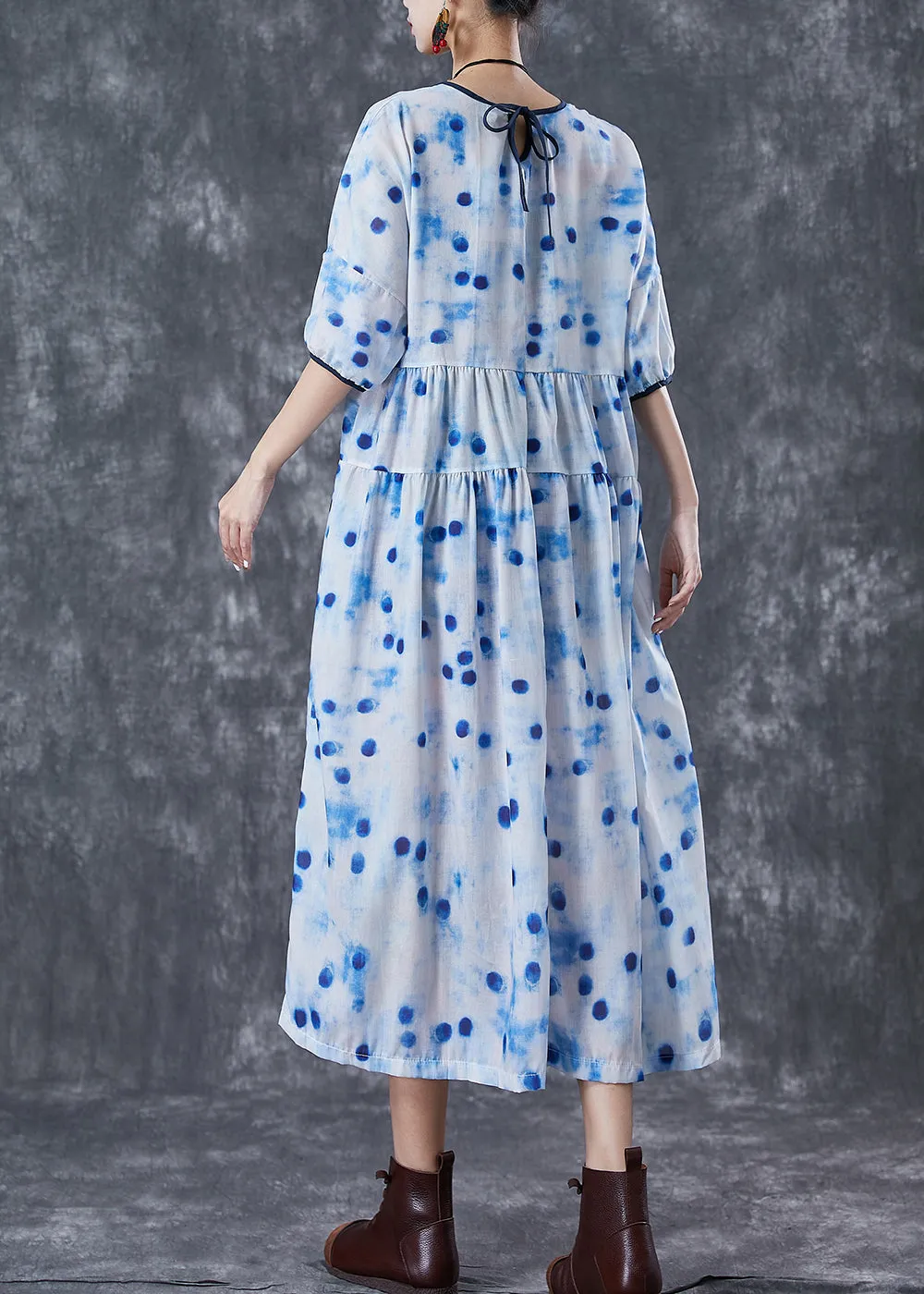 Elegant Blue Dot Oversized Patchwork Linen Maxi Dresses Summer LY7000