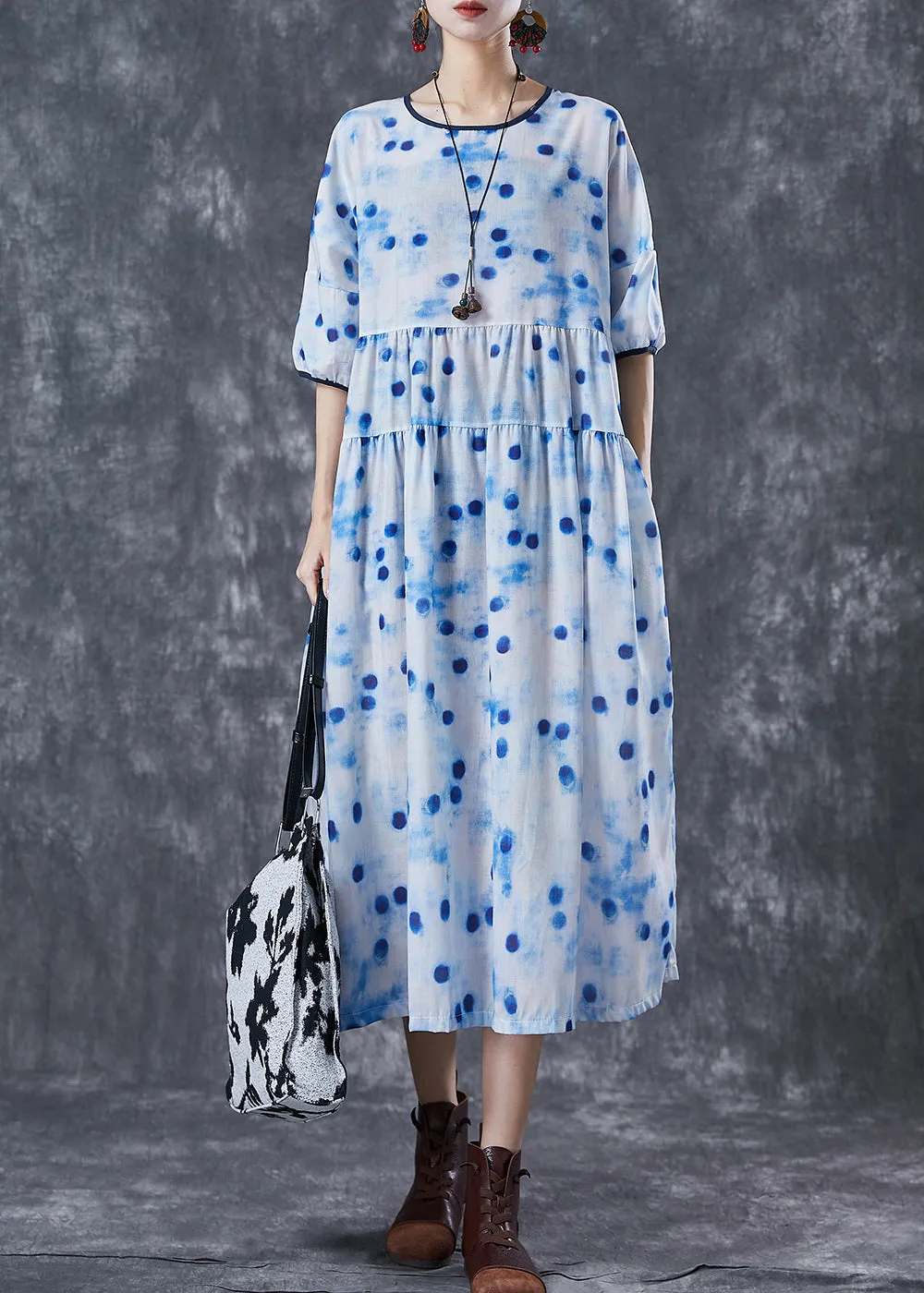 Elegant Blue Dot Oversized Patchwork Linen Maxi Dresses Summer LY7000