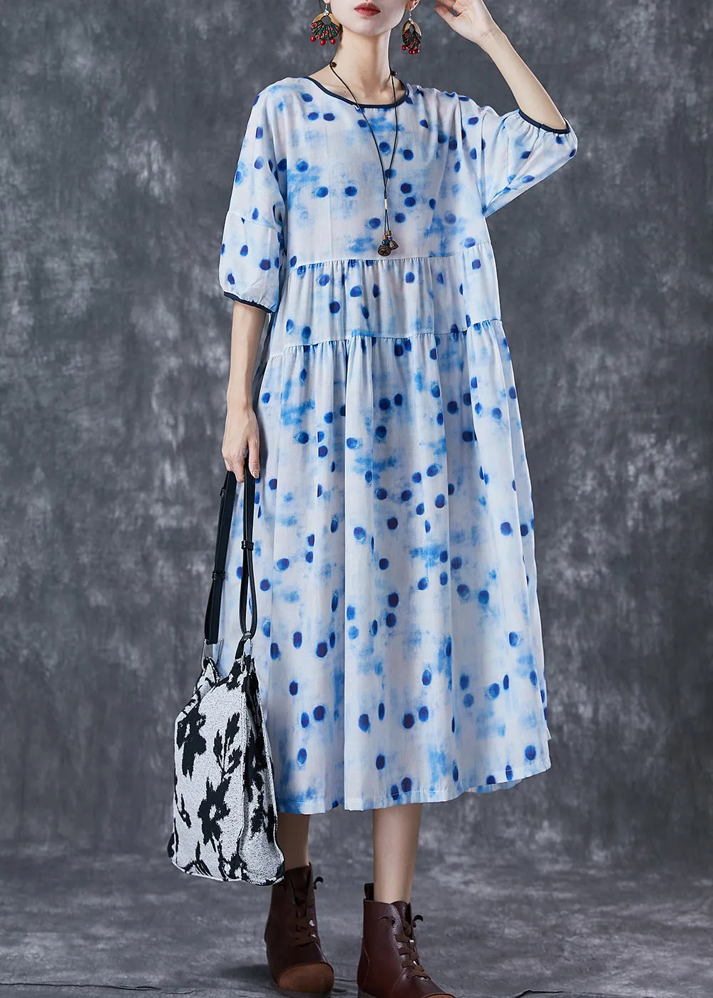 Elegant Blue Dot Oversized Patchwork Linen Maxi Dresses Summer LY7000