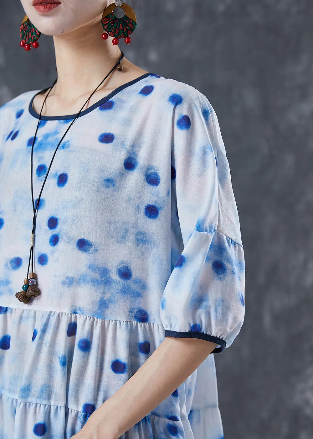 Elegant Blue Dot Oversized Patchwork Linen Maxi Dresses Summer LY7000