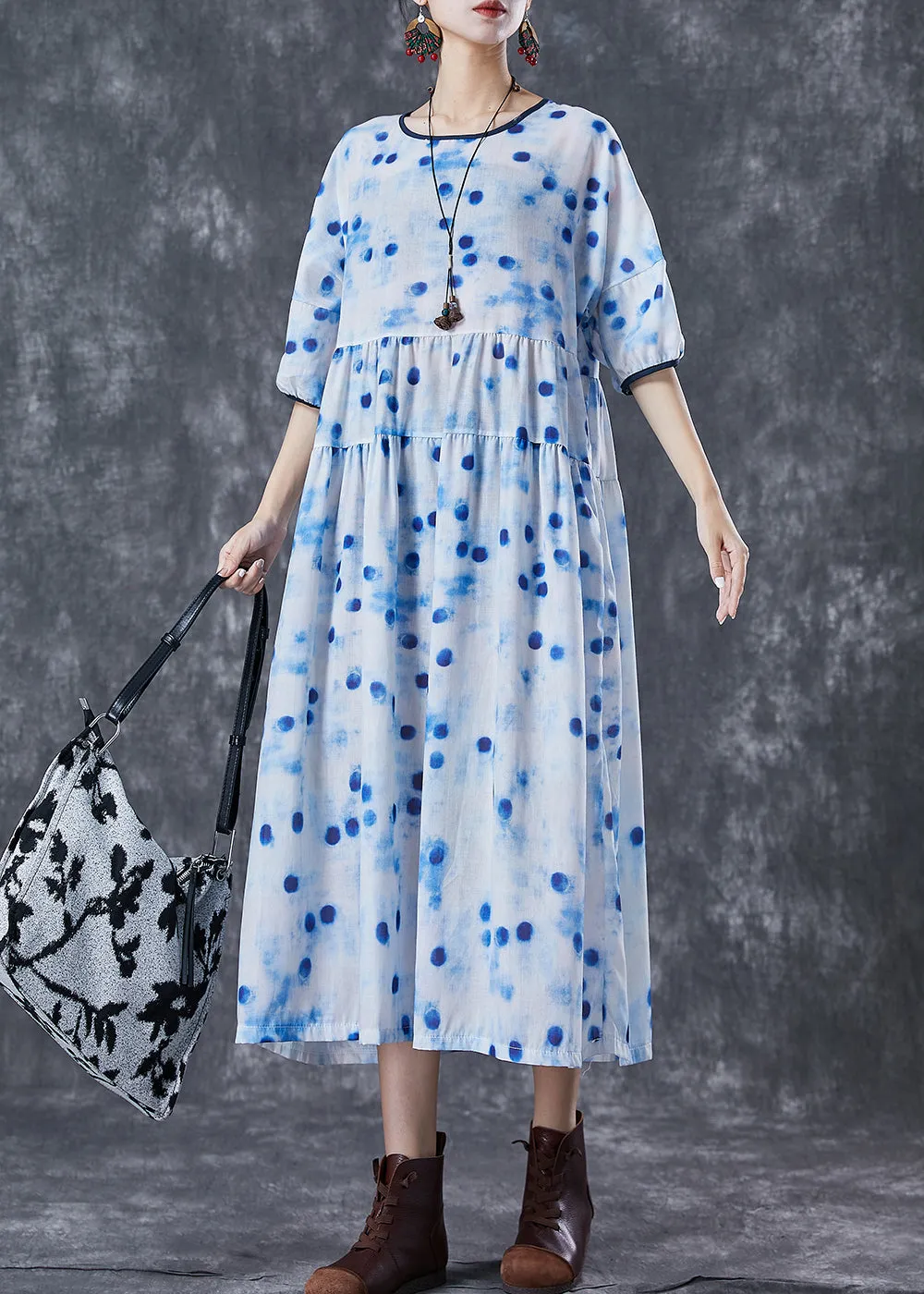 Elegant Blue Dot Oversized Patchwork Linen Maxi Dresses Summer LY7000