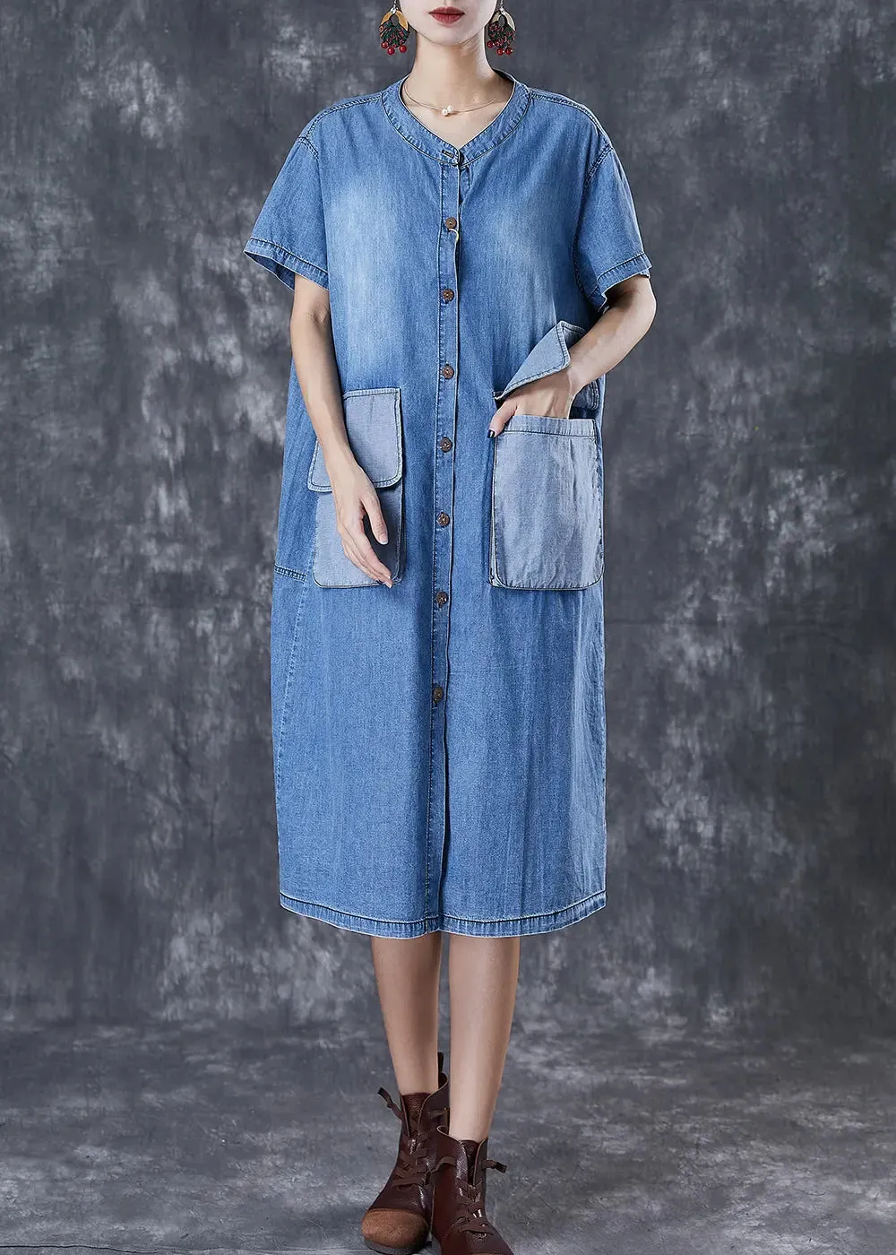 French Blue Oversized Patchwork Pockets Cotton Vacation Dresses Fall ML3009
