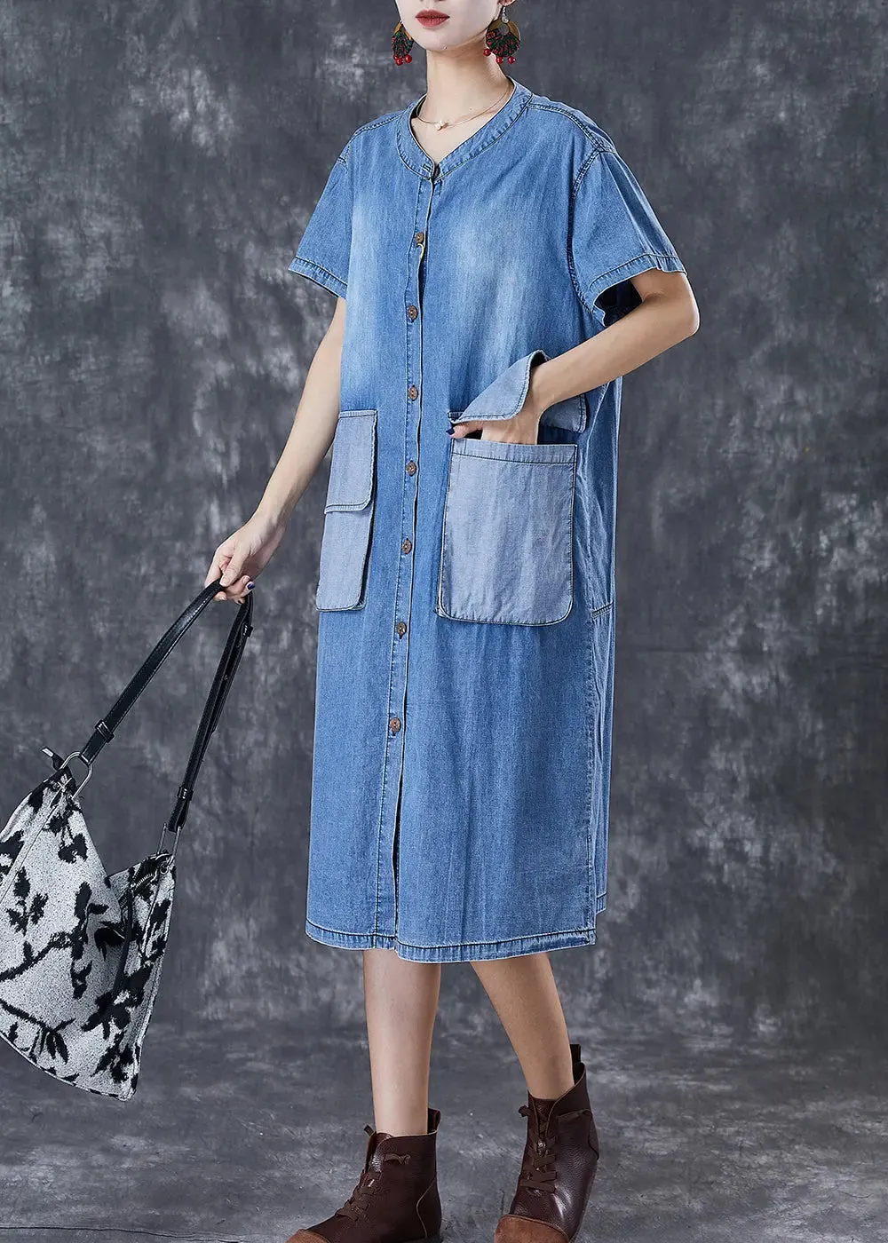 French Blue Oversized Patchwork Pockets Cotton Vacation Dresses Fall ML3009