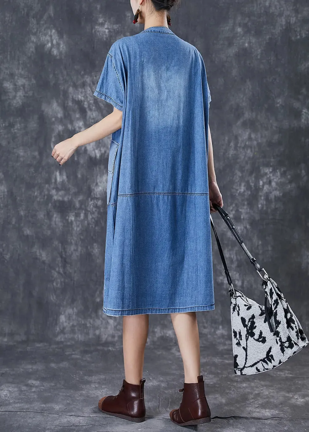 French Blue Oversized Patchwork Pockets Cotton Vacation Dresses Fall ML3009