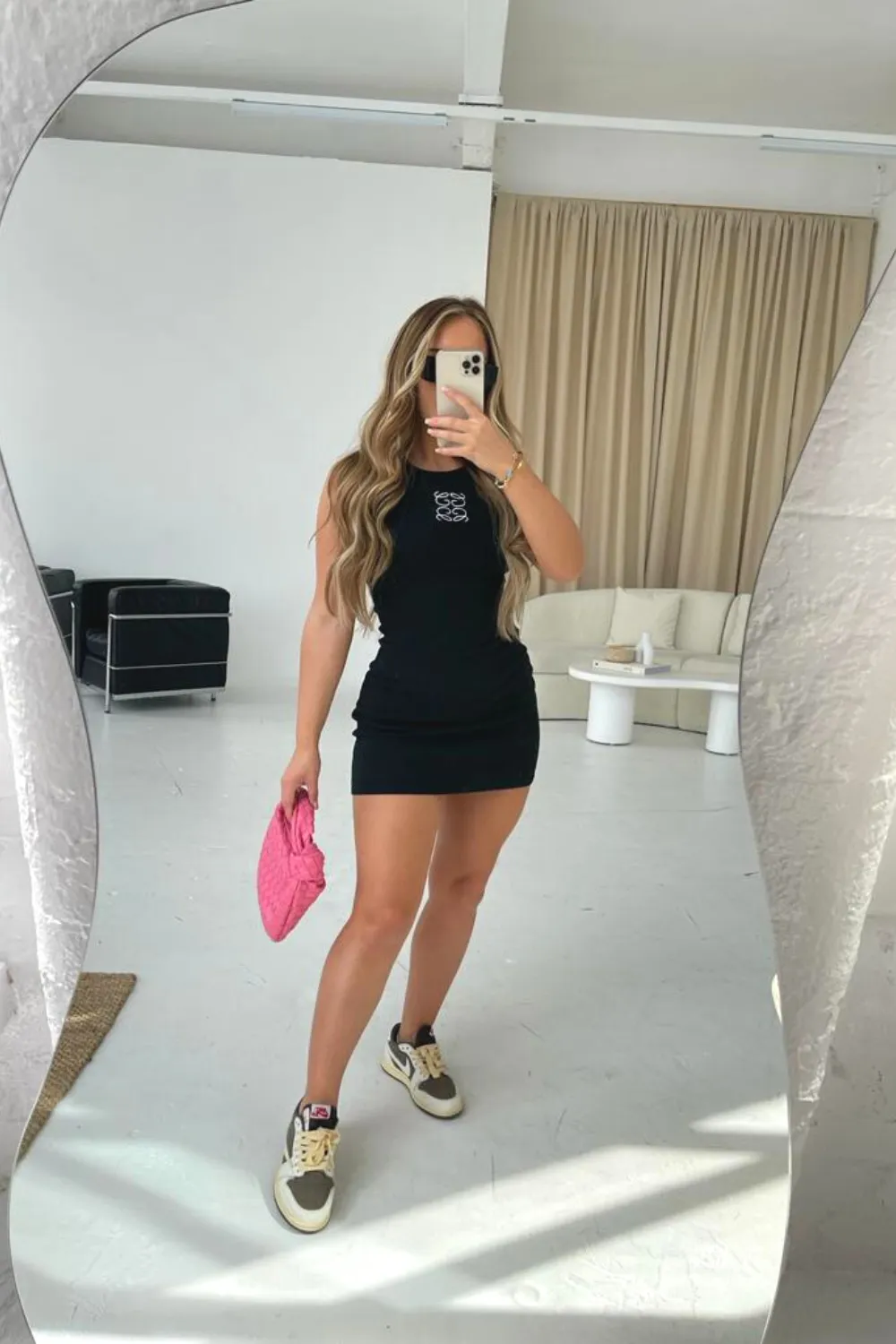 GeGe black embroidered ribbed mini dress