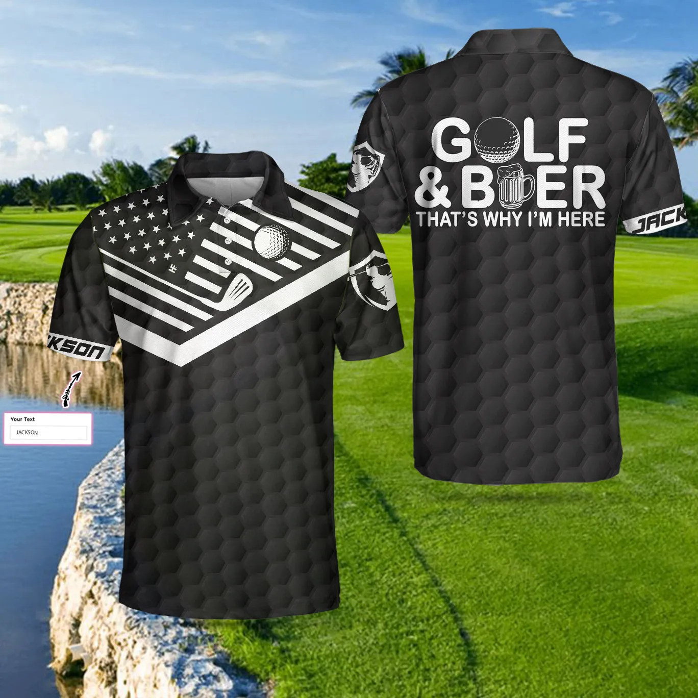Golf And Beer That'S Why I'M Here Custom Polo Shirt, Personalized American Flag Golf Shirt For Beer Lovers Coolspod