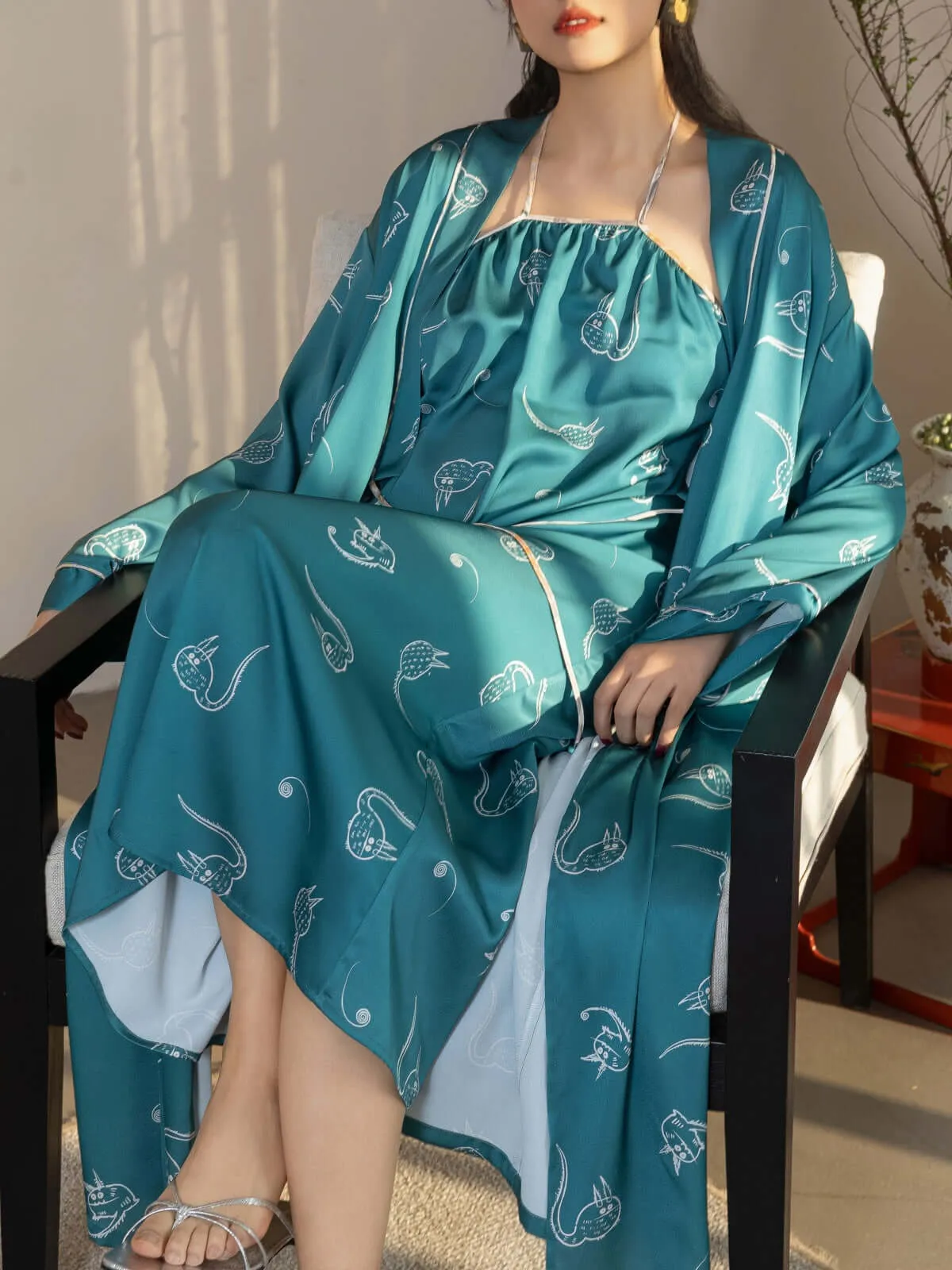 Green Cartoon Pajama Set 2Pcs with Long Robe and Dress