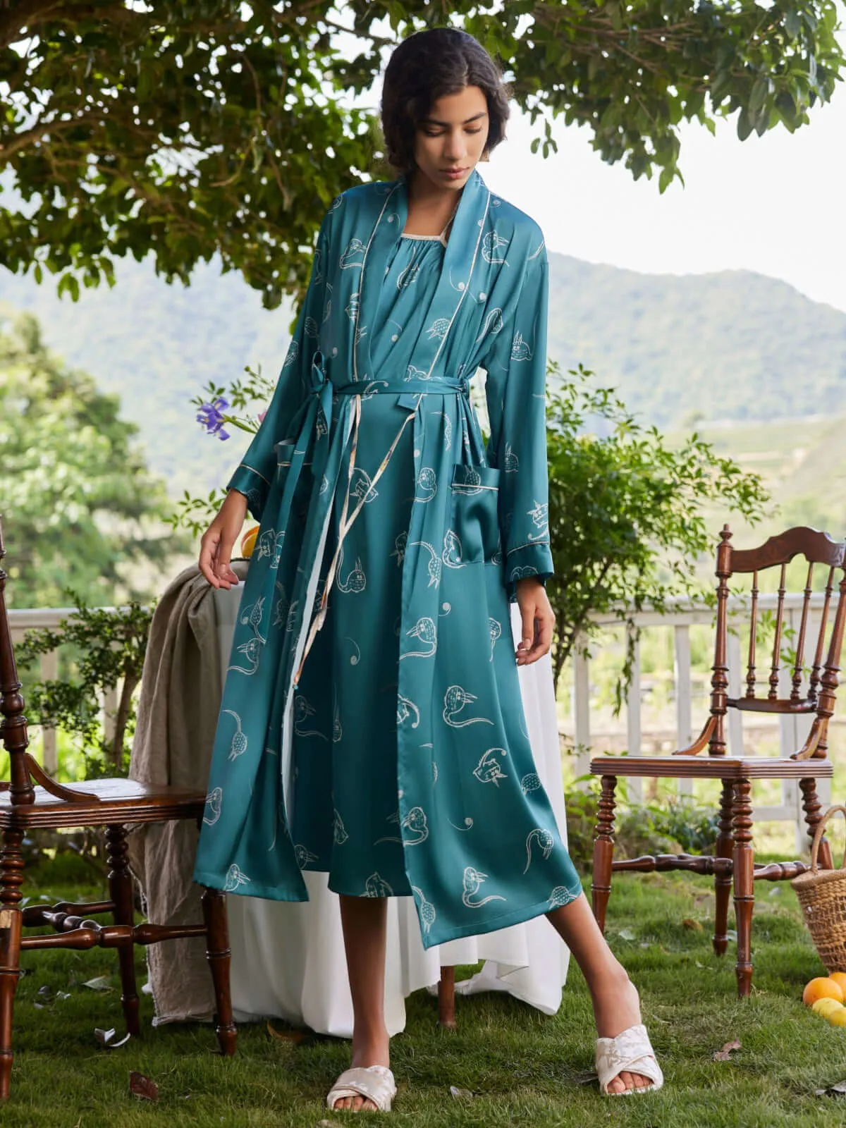 Green Cartoon Pajama Set 2Pcs with Long Robe and Dress