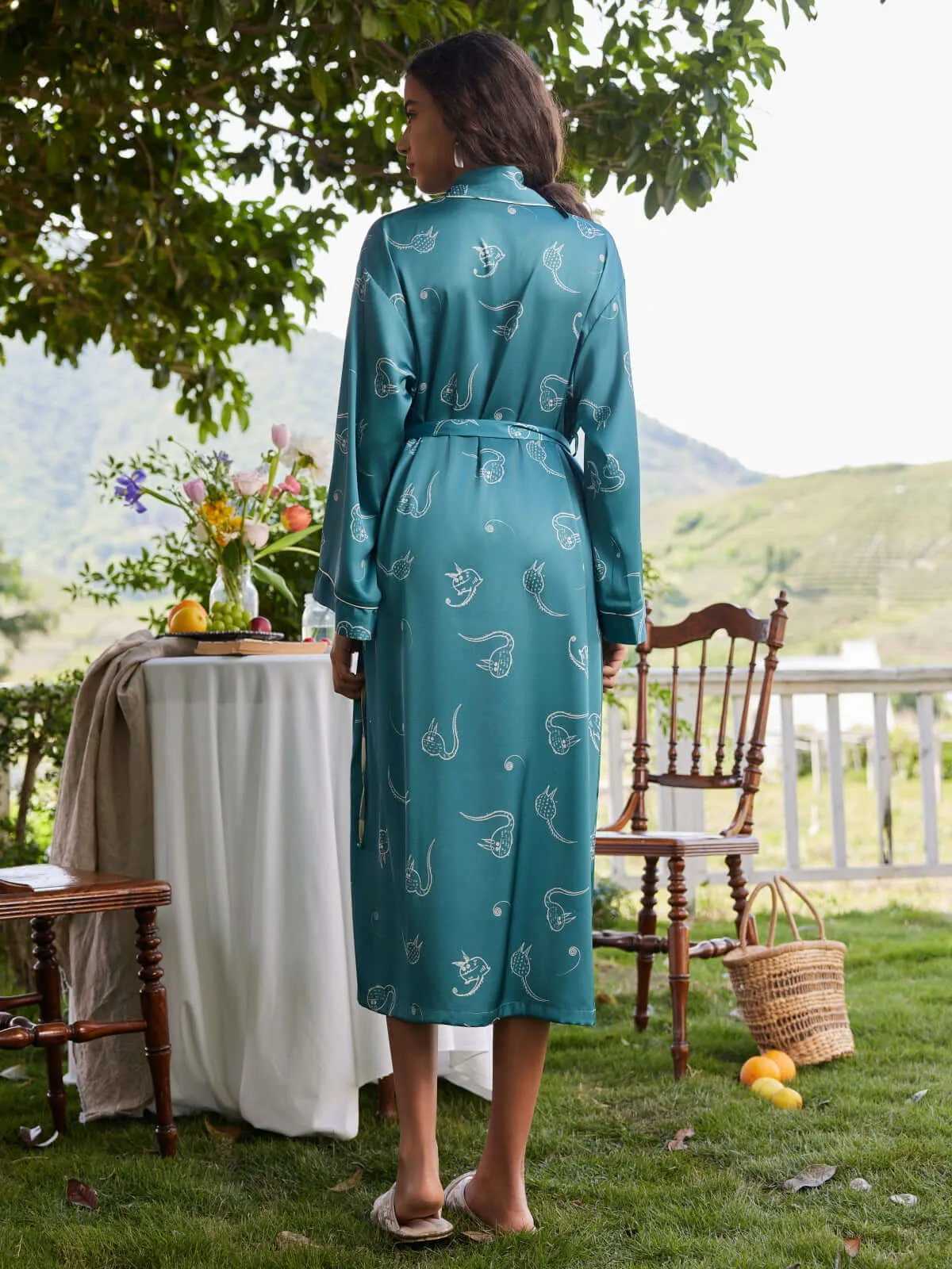 Green Cartoon Pajama Set 2Pcs with Long Robe and Dress