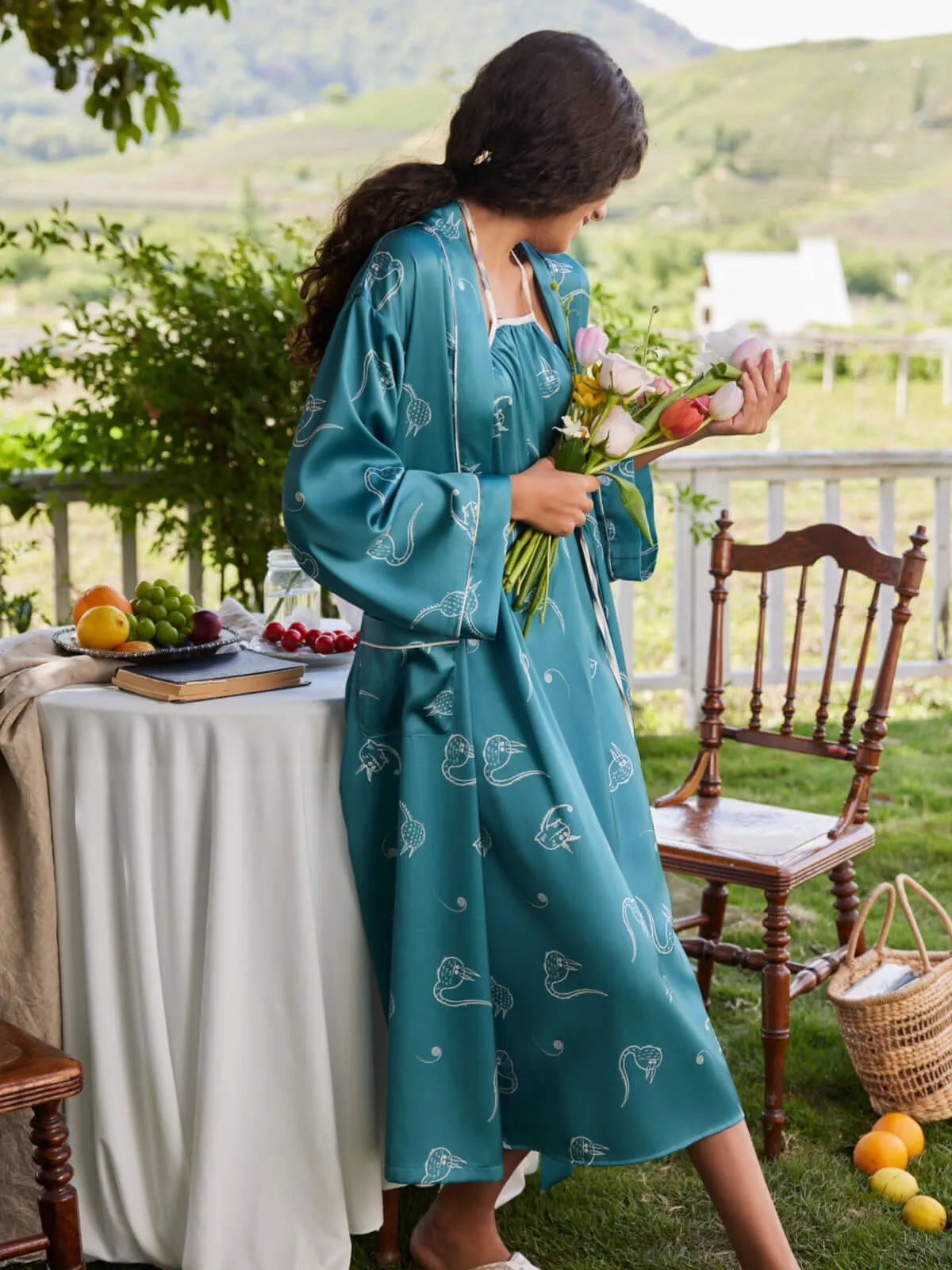 Green Cartoon Pajama Set 2Pcs with Long Robe and Dress