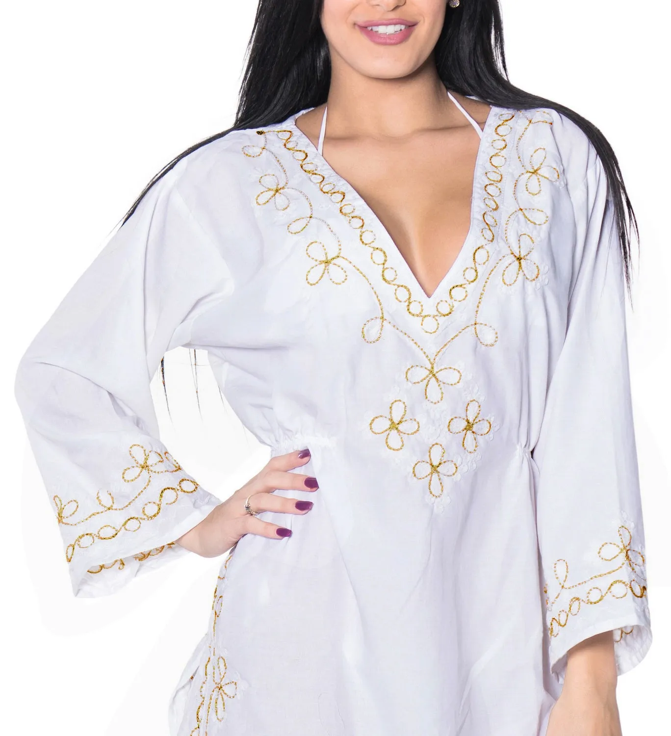 Hand Embroidered Swimsuit Bikini Swimwear Bathing Suit Beach Coverup Rayon White
