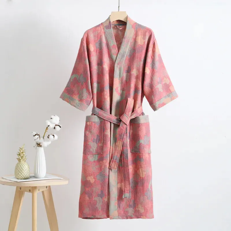Hnzxzm Couple's Dressing Gowns Vintage Print Loungewear Double Layer of Cotton Bathrobes Women's Pajamas Absorb Water and Dry Quickly