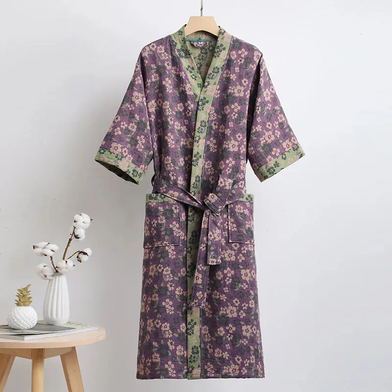 Hnzxzm Couple's Dressing Gowns Vintage Print Loungewear Double Layer of Cotton Bathrobes Women's Pajamas Absorb Water and Dry Quickly