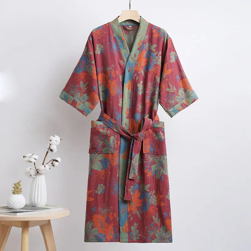 Hnzxzm Couple's Dressing Gowns Vintage Print Loungewear Double Layer of Cotton Bathrobes Women's Pajamas Absorb Water and Dry Quickly