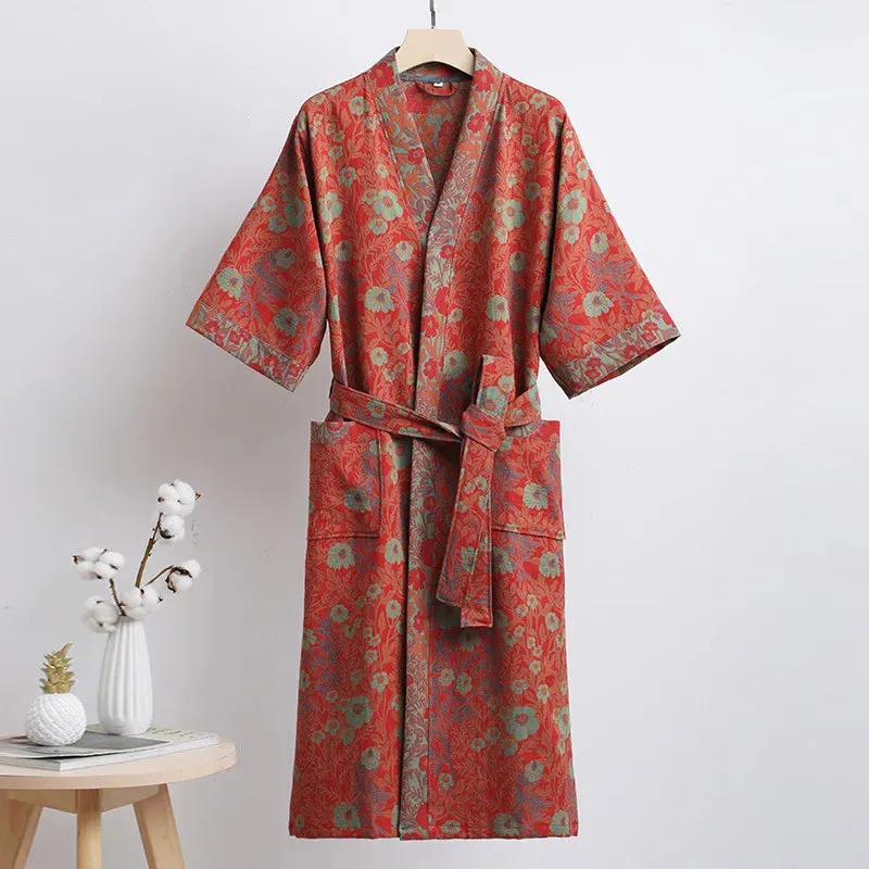Hnzxzm Couple's Dressing Gowns Vintage Print Loungewear Double Layer of Cotton Bathrobes Women's Pajamas Absorb Water and Dry Quickly