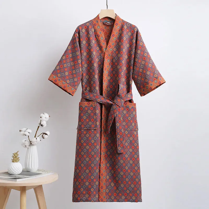 Hnzxzm Couple's Dressing Gowns Vintage Print Loungewear Double Layer of Cotton Bathrobes Women's Pajamas Absorb Water and Dry Quickly