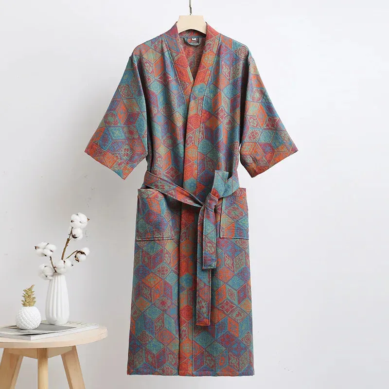 Hnzxzm Couple's Dressing Gowns Vintage Print Loungewear Double Layer of Cotton Bathrobes Women's Pajamas Absorb Water and Dry Quickly