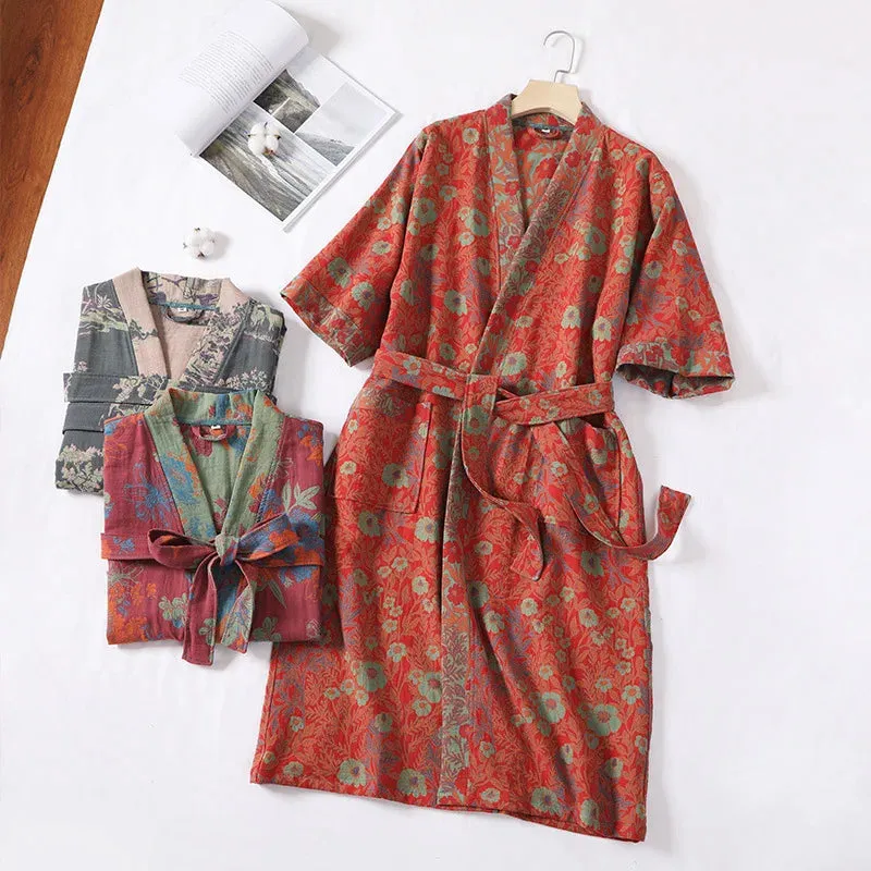 Hnzxzm Couple's Dressing Gowns Vintage Print Loungewear Double Layer of Cotton Bathrobes Women's Pajamas Absorb Water and Dry Quickly