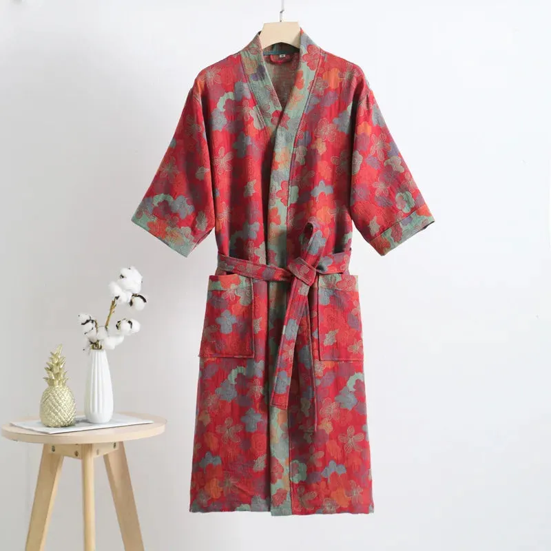 Hnzxzm Couple's Dressing Gowns Vintage Print Loungewear Double Layer of Cotton Bathrobes Women's Pajamas Absorb Water and Dry Quickly