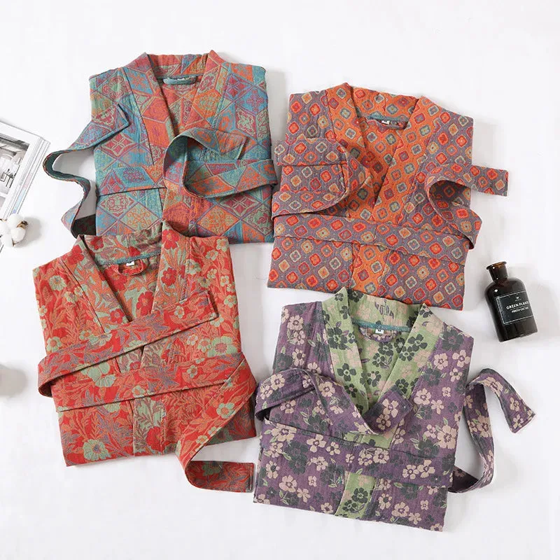 Hnzxzm Couple's Dressing Gowns Vintage Print Loungewear Double Layer of Cotton Bathrobes Women's Pajamas Absorb Water and Dry Quickly