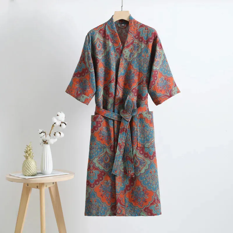 Hnzxzm Couple's Dressing Gowns Vintage Print Loungewear Double Layer of Cotton Bathrobes Women's Pajamas Absorb Water and Dry Quickly