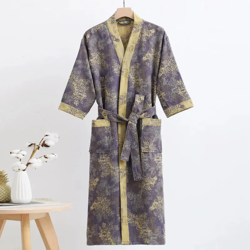 Hnzxzm Couple's Dressing Gowns Vintage Print Loungewear Double Layer of Cotton Bathrobes Women's Pajamas Absorb Water and Dry Quickly