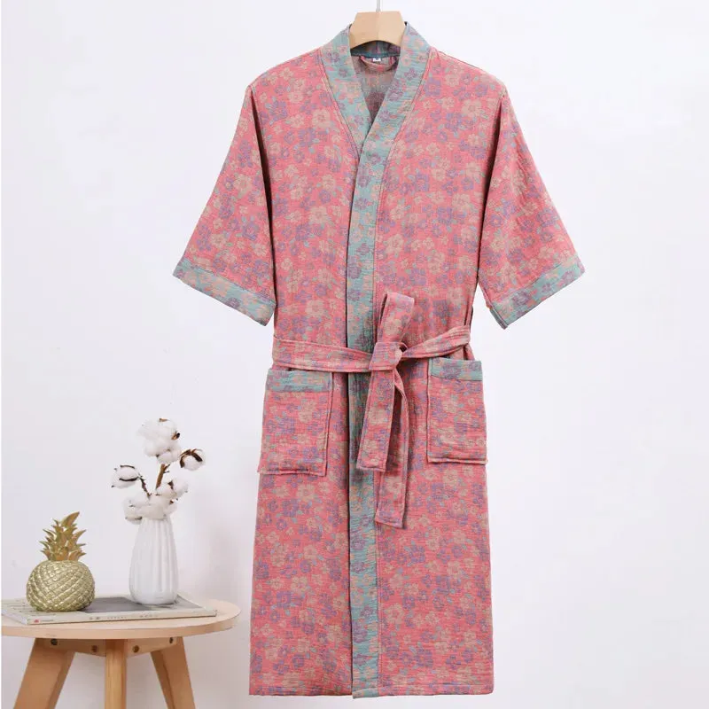 Hnzxzm Couple's Dressing Gowns Vintage Print Loungewear Double Layer of Cotton Bathrobes Women's Pajamas Absorb Water and Dry Quickly